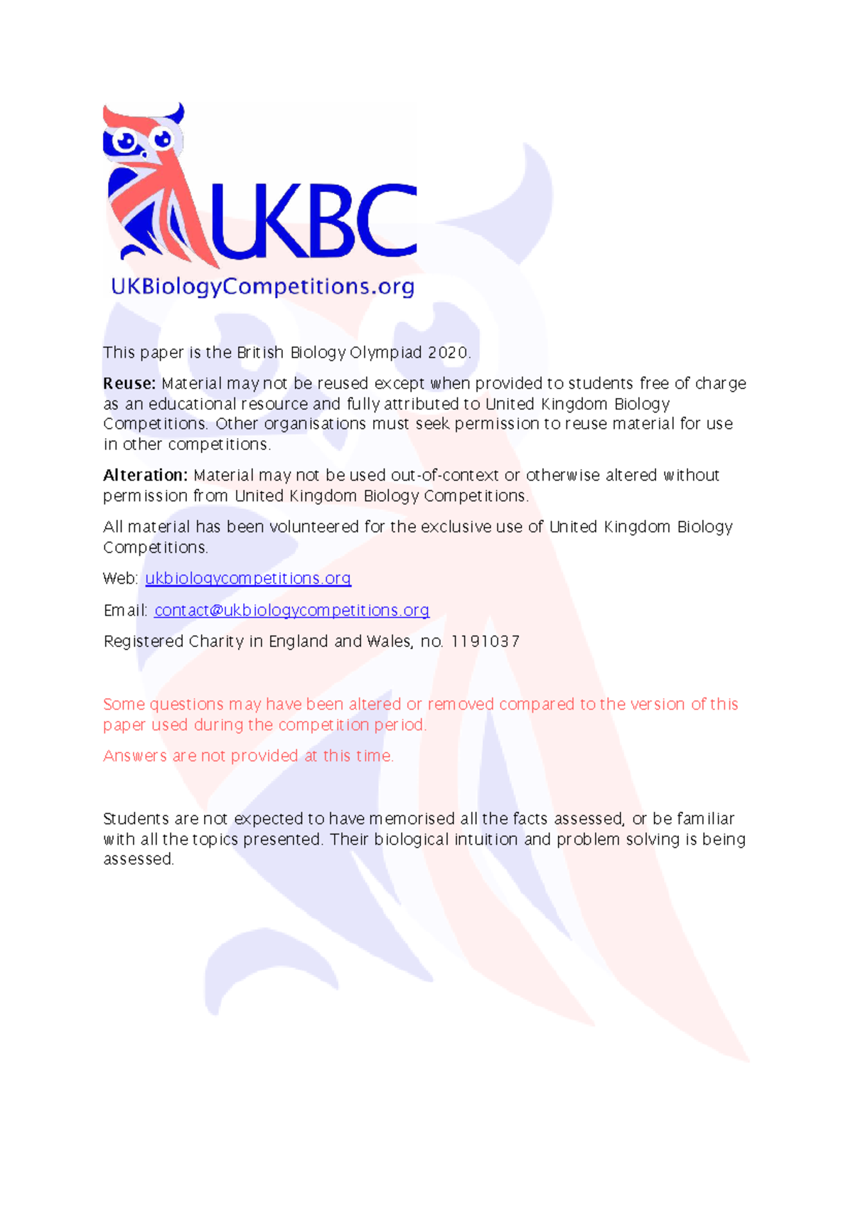 BBO 2020 - British Biology Olympiad Practice Questions and Guidelines ...