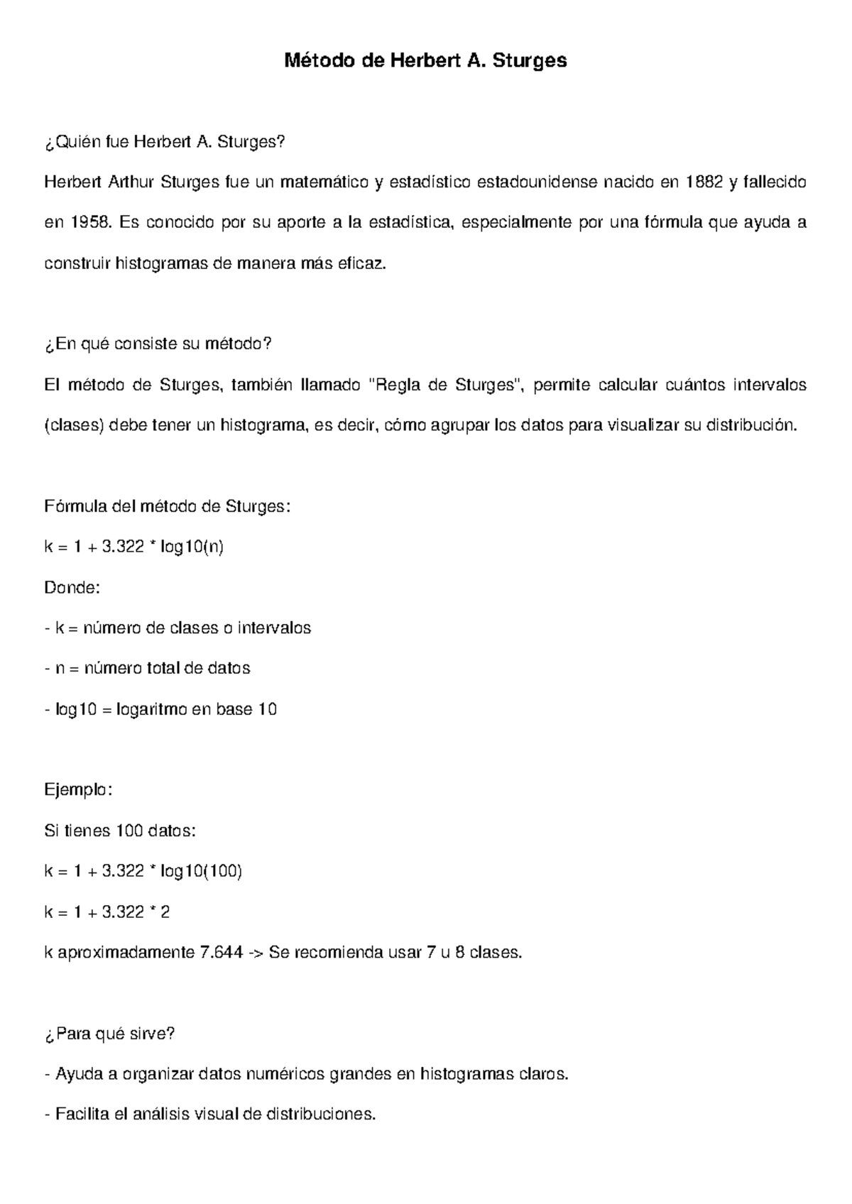 Método de Sturges para Construcción de Histogramas - Studocu