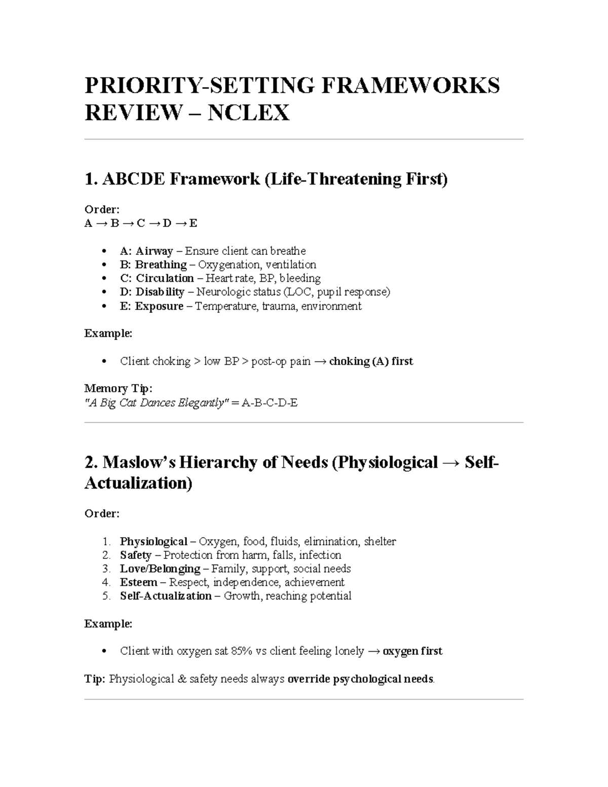 Priority Frameworks for NCLEX: ABCDE, Needs, Urgency, Safety, and More ...