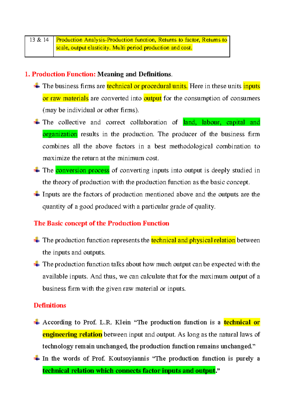 Production Function and Returns: A Comprehensive Overview (7 Lec Notes ...
