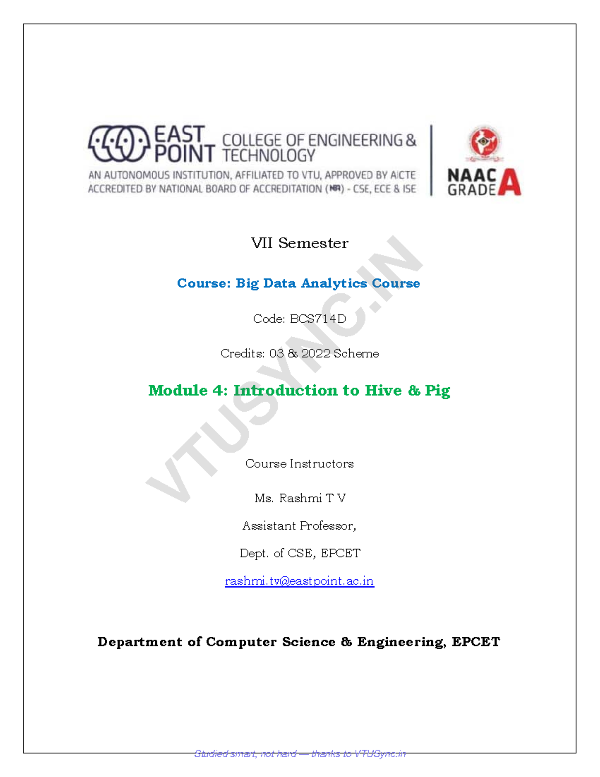 BDA - BCS714D - Module 4: Hive and Pig Overview Notes - Studocu