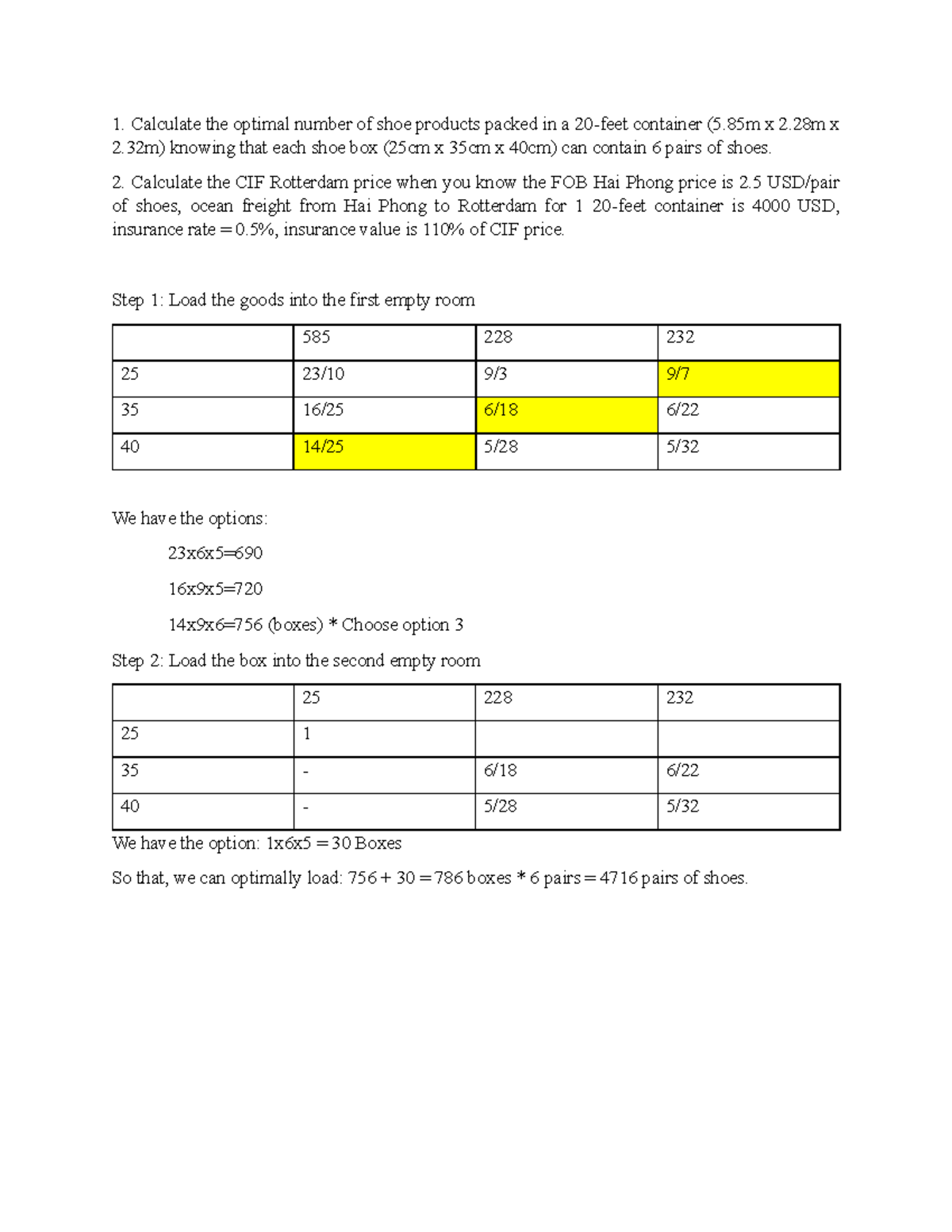 Optimal Packing and CIF Price Calculation for NVNT1 Exercise - Studocu