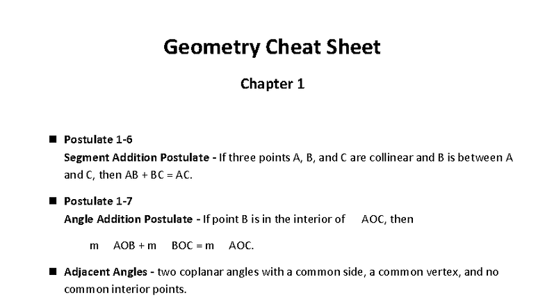 Geometry Theorems And Postulates Cheat Sheet