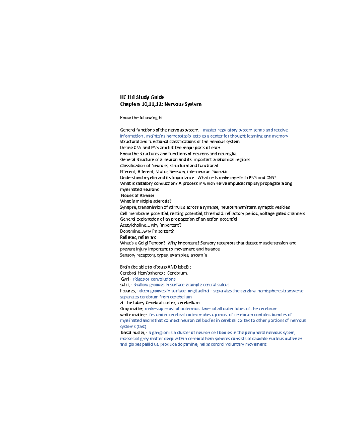 HC118 Study Guide: Overview of Nervous System Functions and Anatomy ...