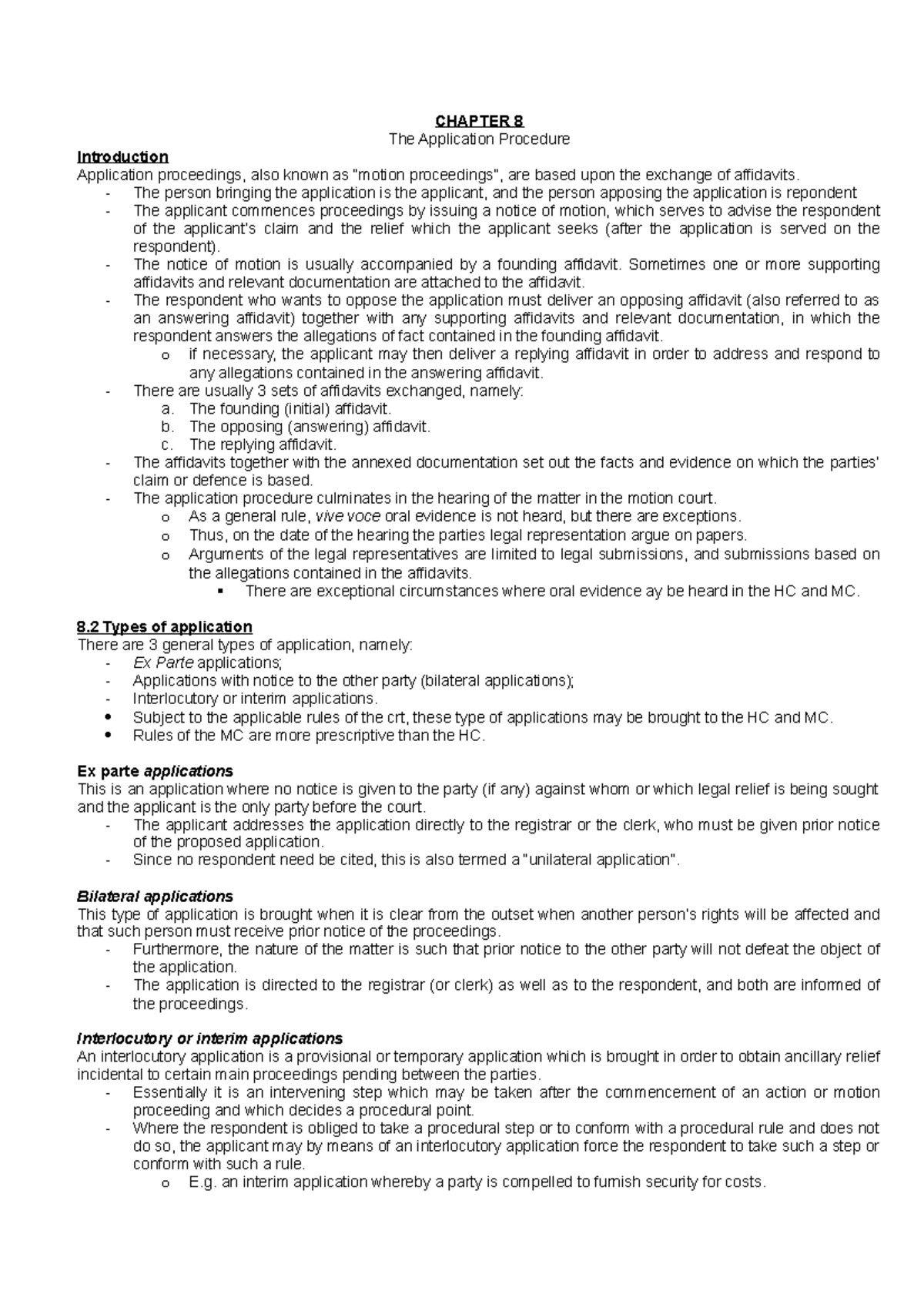 Chapter 8 Summary: Application Procedure in Motion Proceedings - Studocu