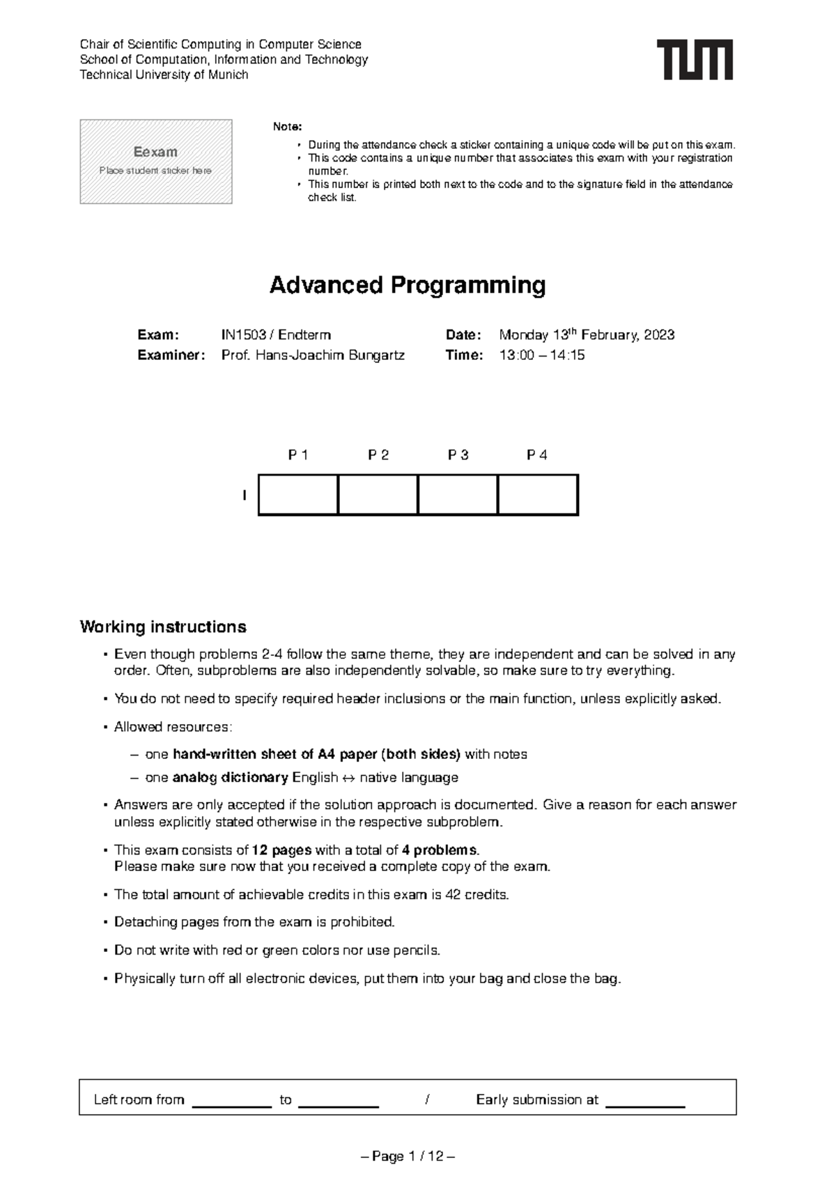 Advanced Programming Exam IN1503: Endterm WS2223 - Studocu