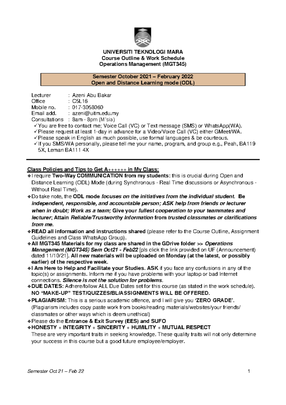 MGT345 Operations Management Course Outline October 2021 - February ...
