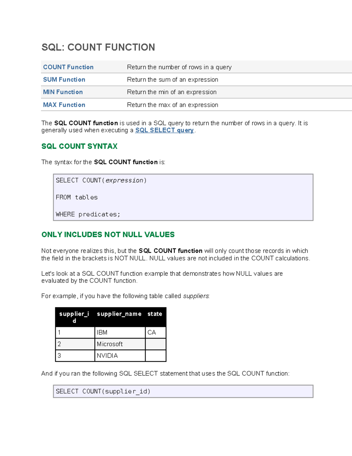 SQL Functions: COUNT, SUM, MIN, MAX - Notes for Course SQL101 - Studocu