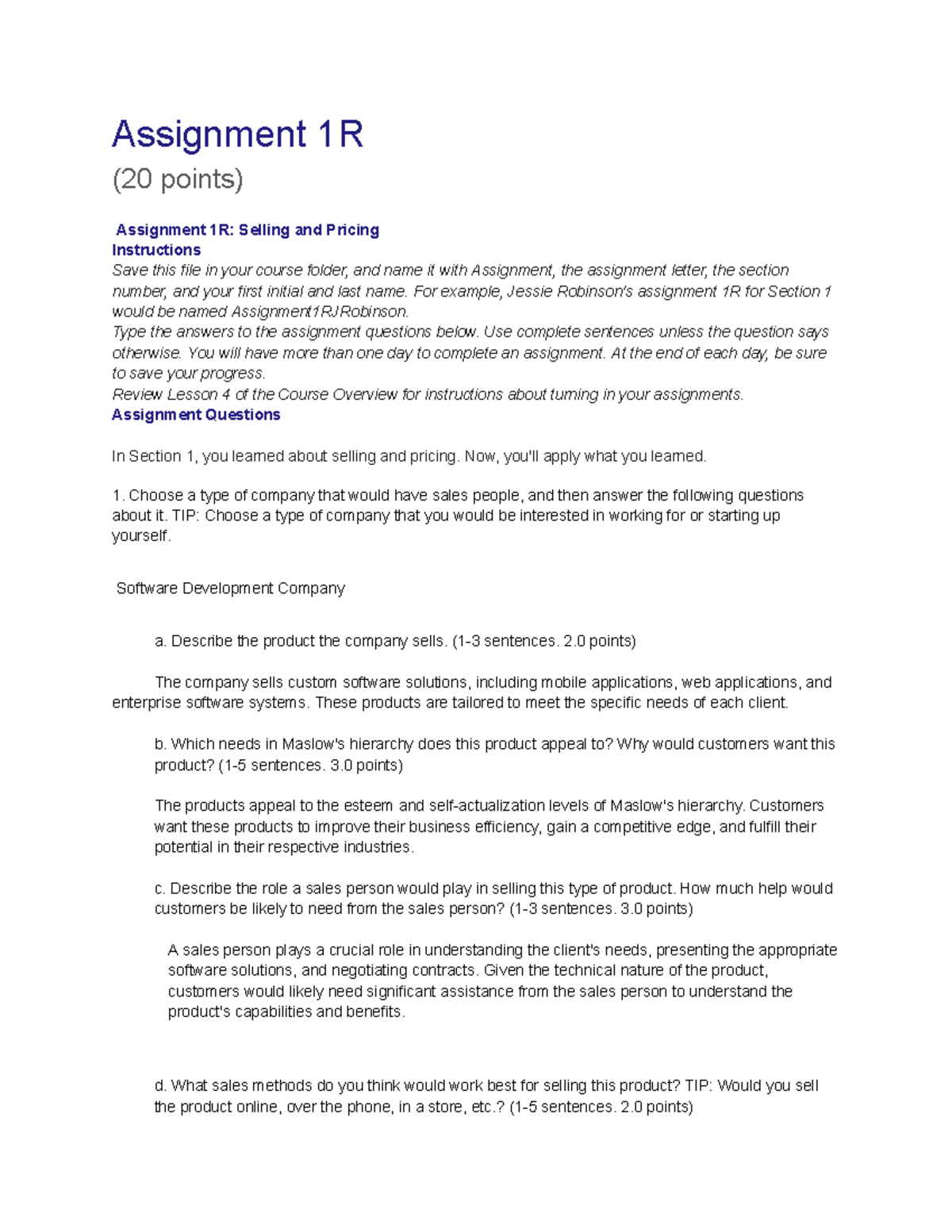 Assignment 1R - Selling and Pricing in Intro to Business - Studocu
