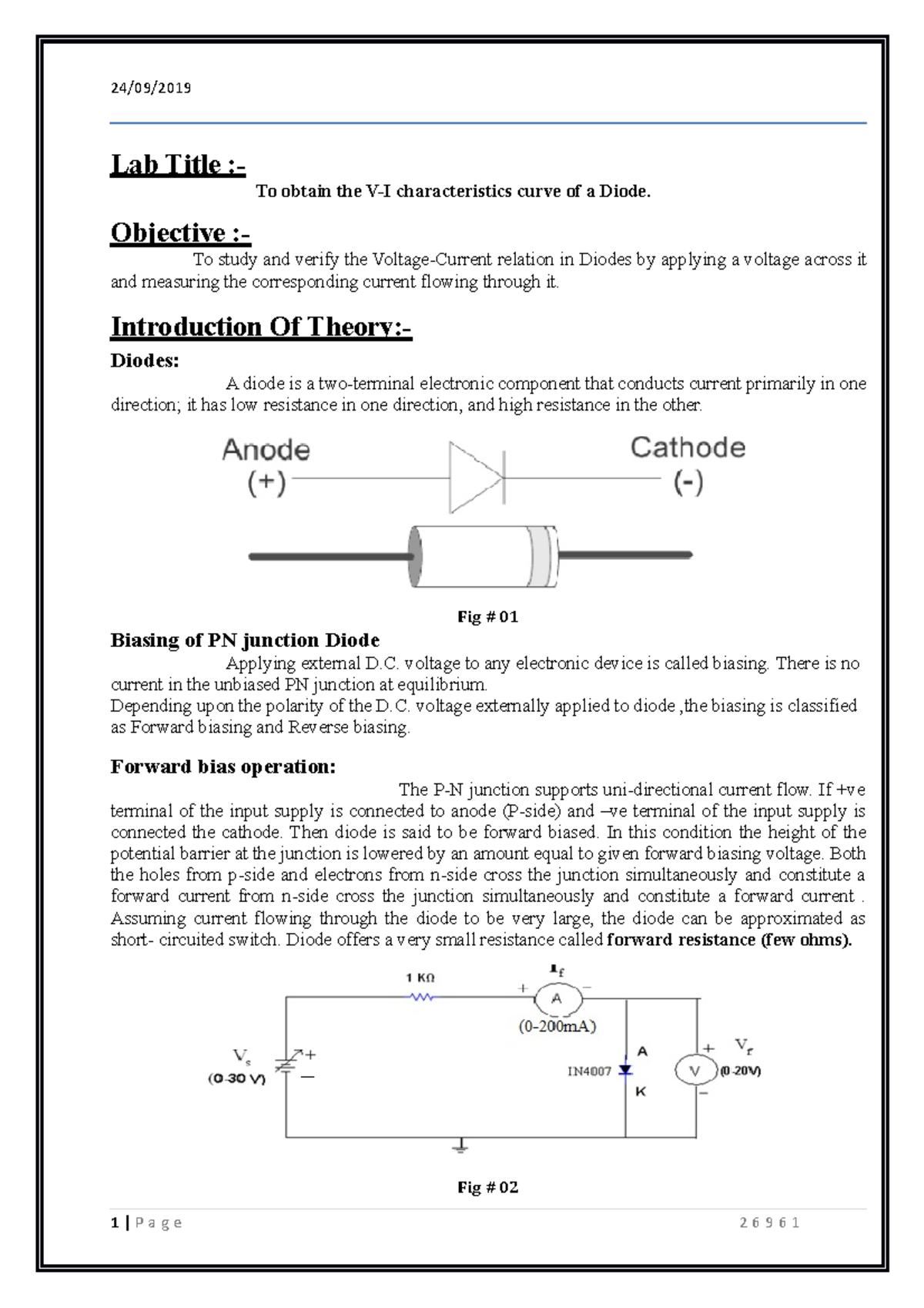 Lab # 001 - V-I Characteristics of a Diode Report - Studocu