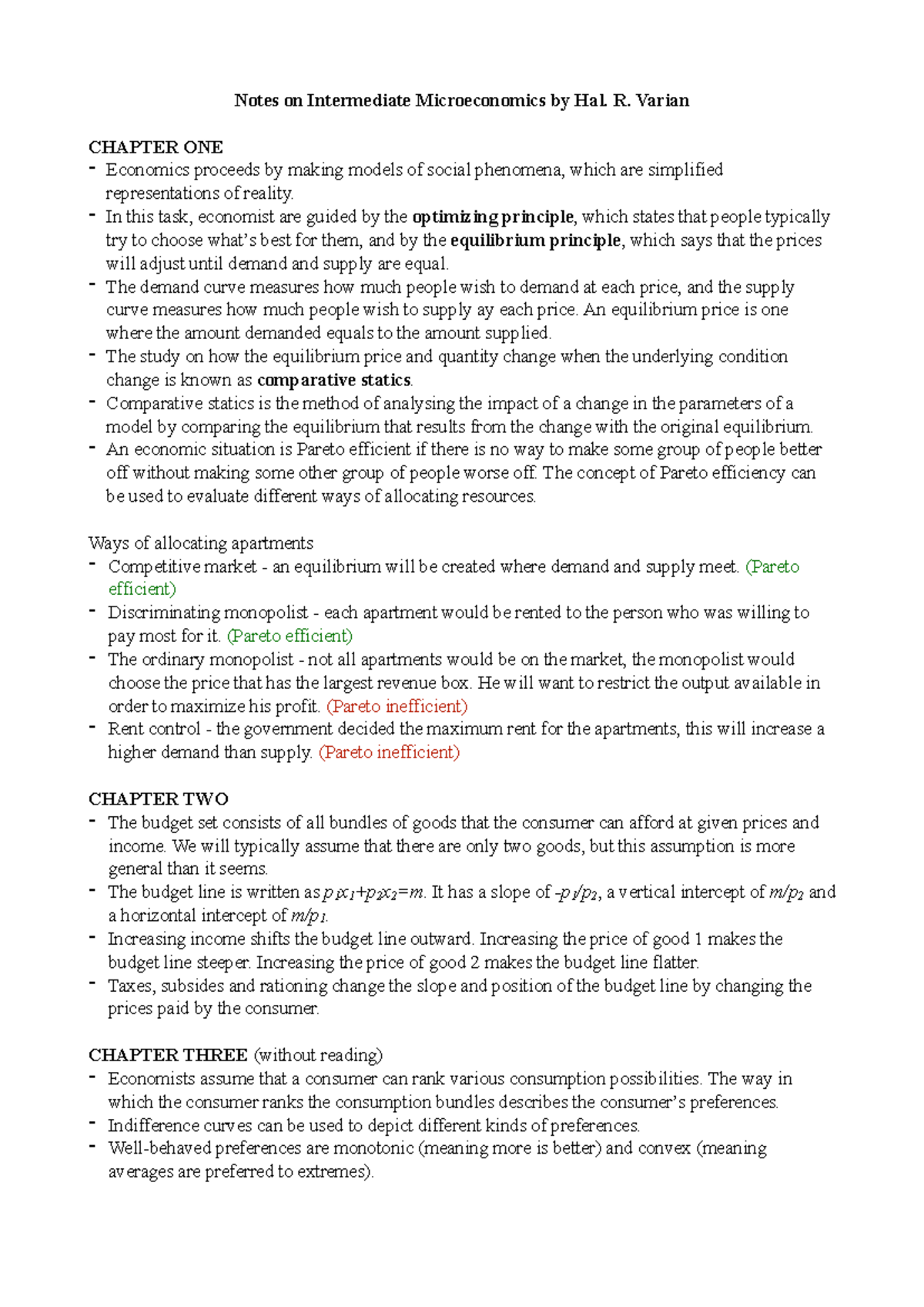 Intermediate Microeconomics Notes - Hal R. Varian (Chapters 1-22) - Studocu