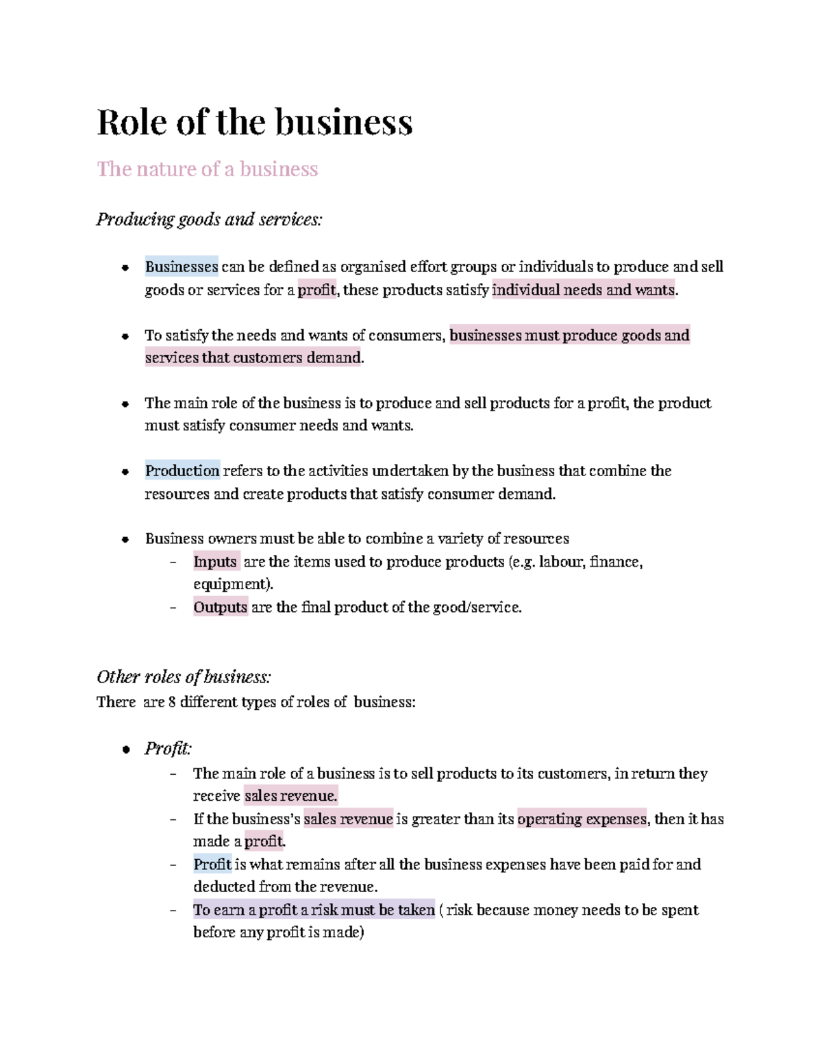 Business Studies: Role of Business - Chapter 1 Overview - Studocu
