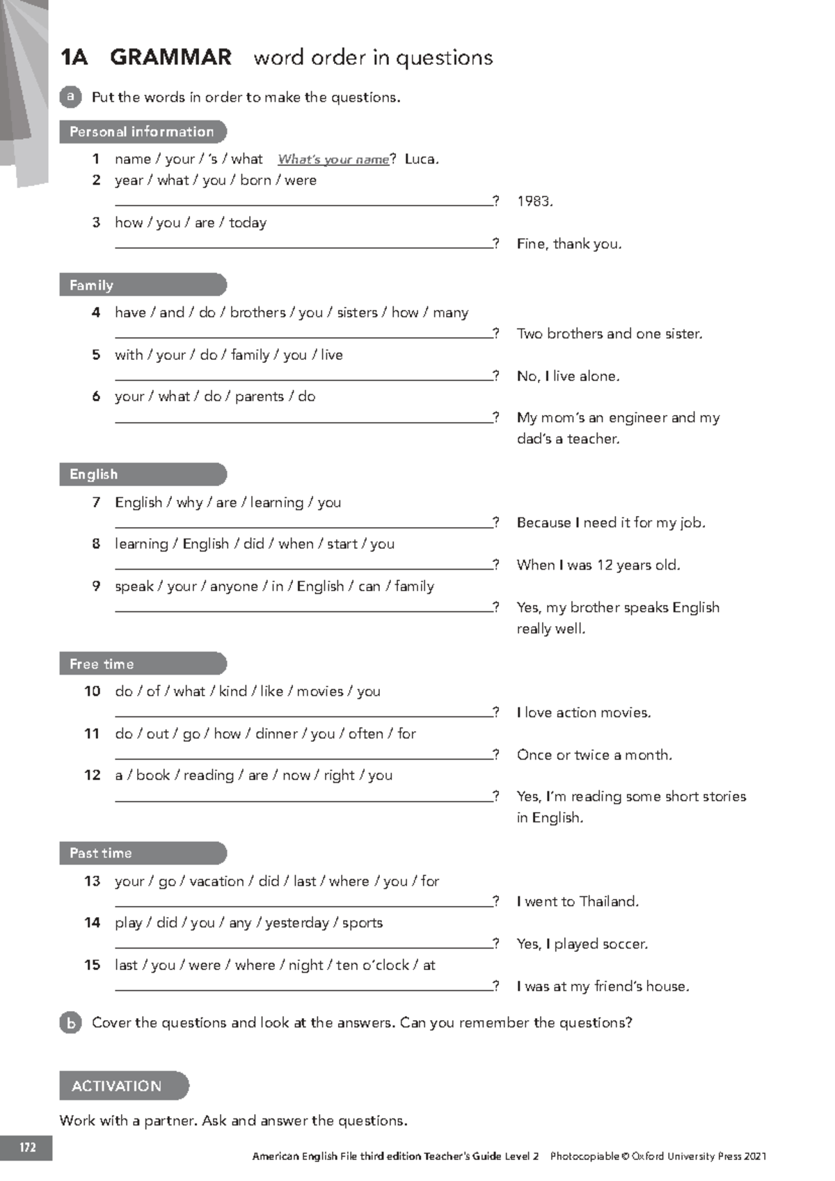 1A GRAMMAR: Word Order in Questions - Extra Activities - Studocu