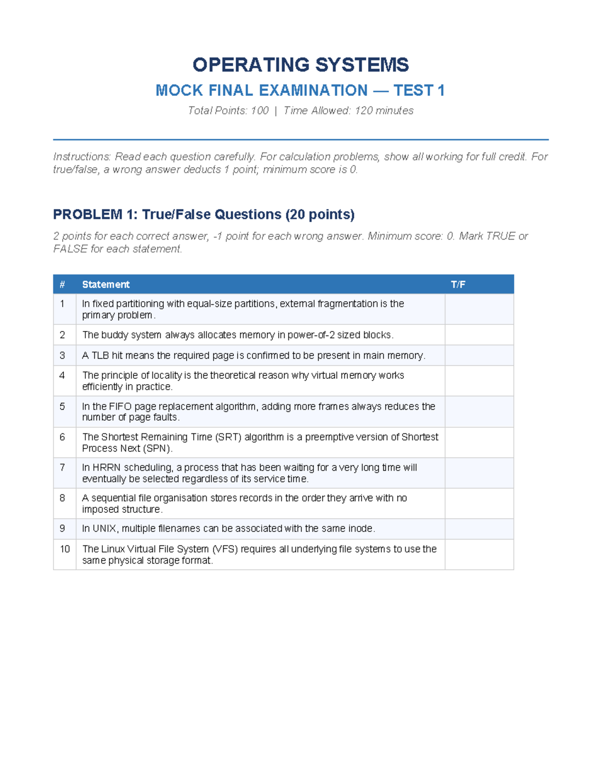OS 101 Mock Final Exam - Comprehensive Review and Practice - Studocu