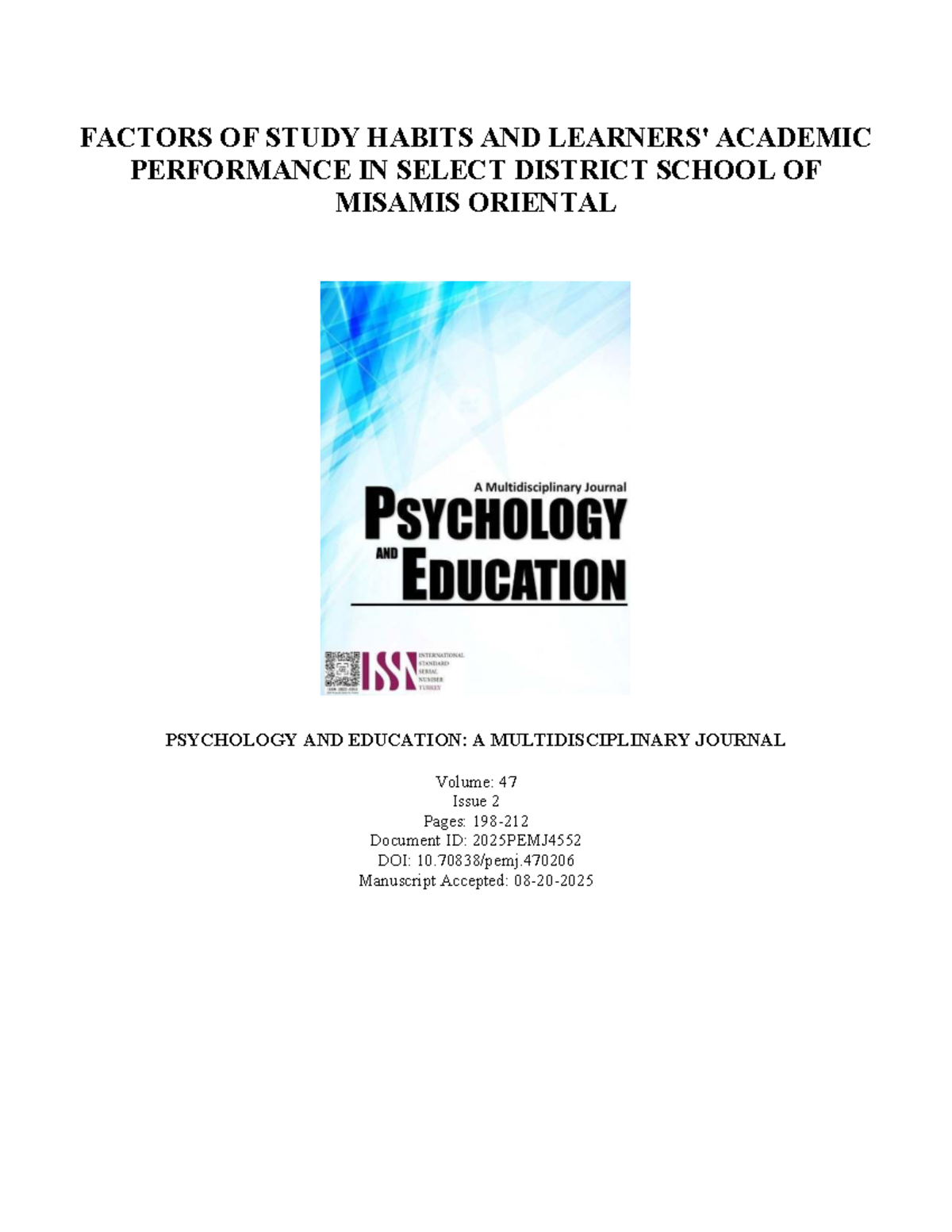 Factors Influencing Study Habits and Academic Performance in Grade 6: A ...
