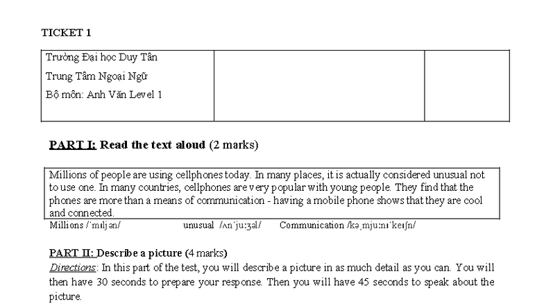 V1 - Speaking Level 1 - Final Test 1: Communication & Description - Studocu