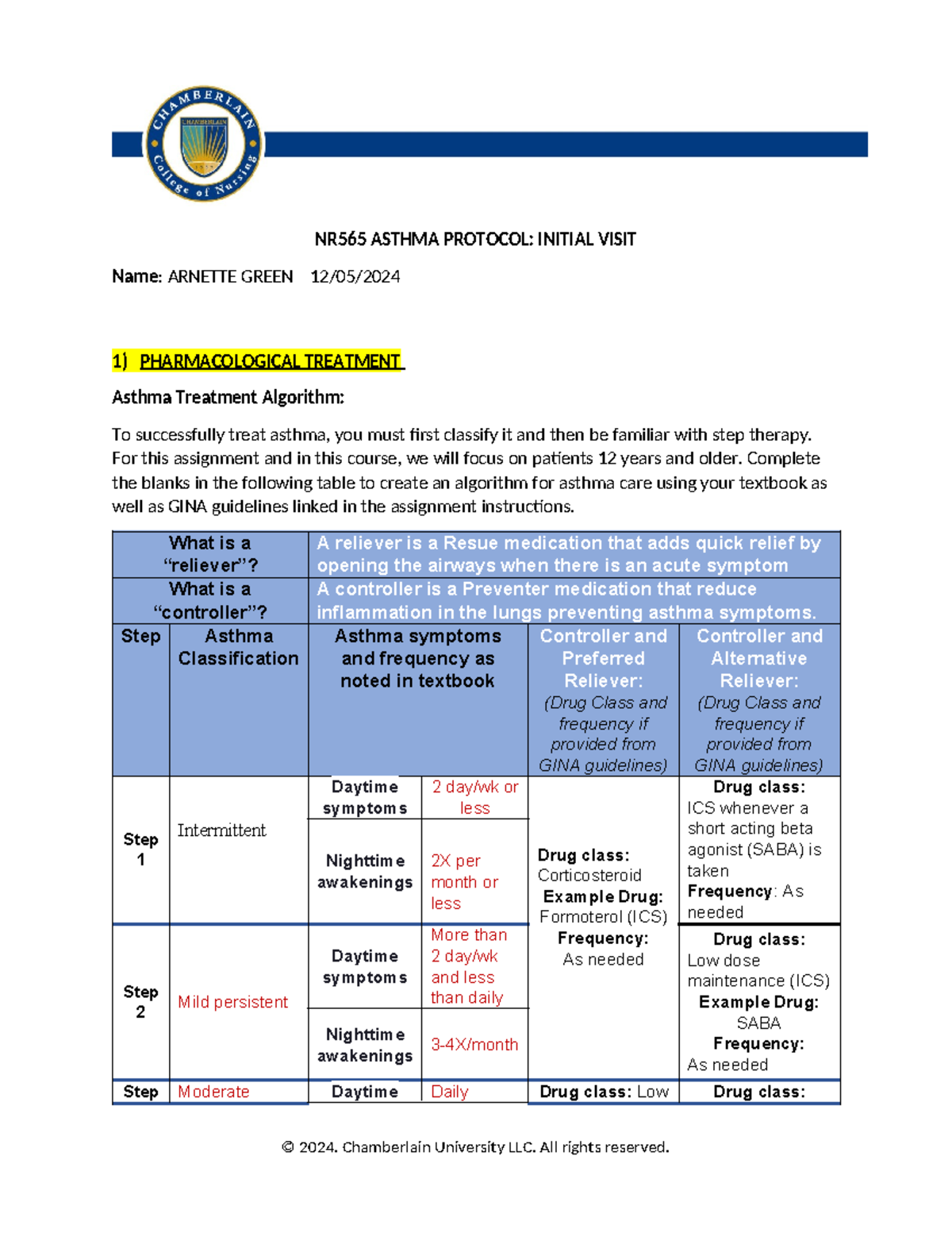 NR565 Asthma Protocol: Initial Visit & Treatment Guidelines - Studocu