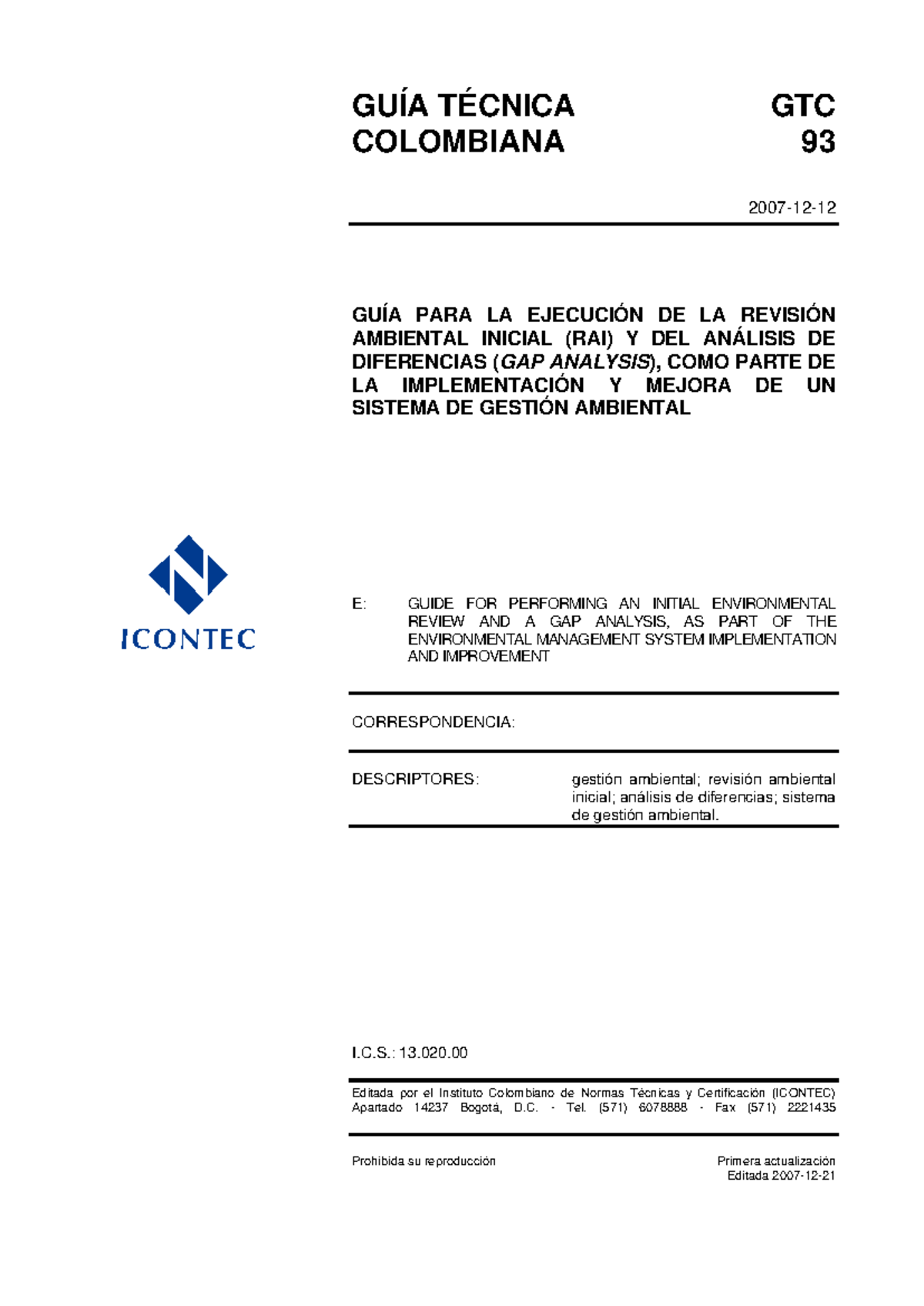 GTC93 Guía Técnica para la Ejecución de la Revisión Ambiental Inicial - Document Preview