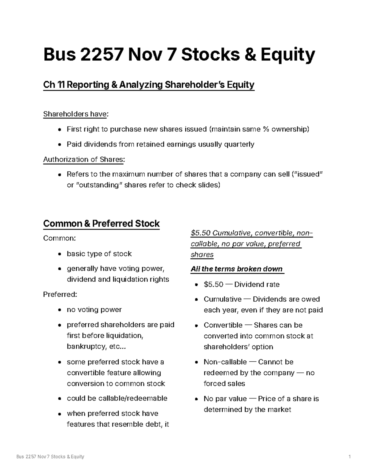Stocks & equity class notes - Bus 2257 Nov 7 Stocks & Equity Ch 11 ...