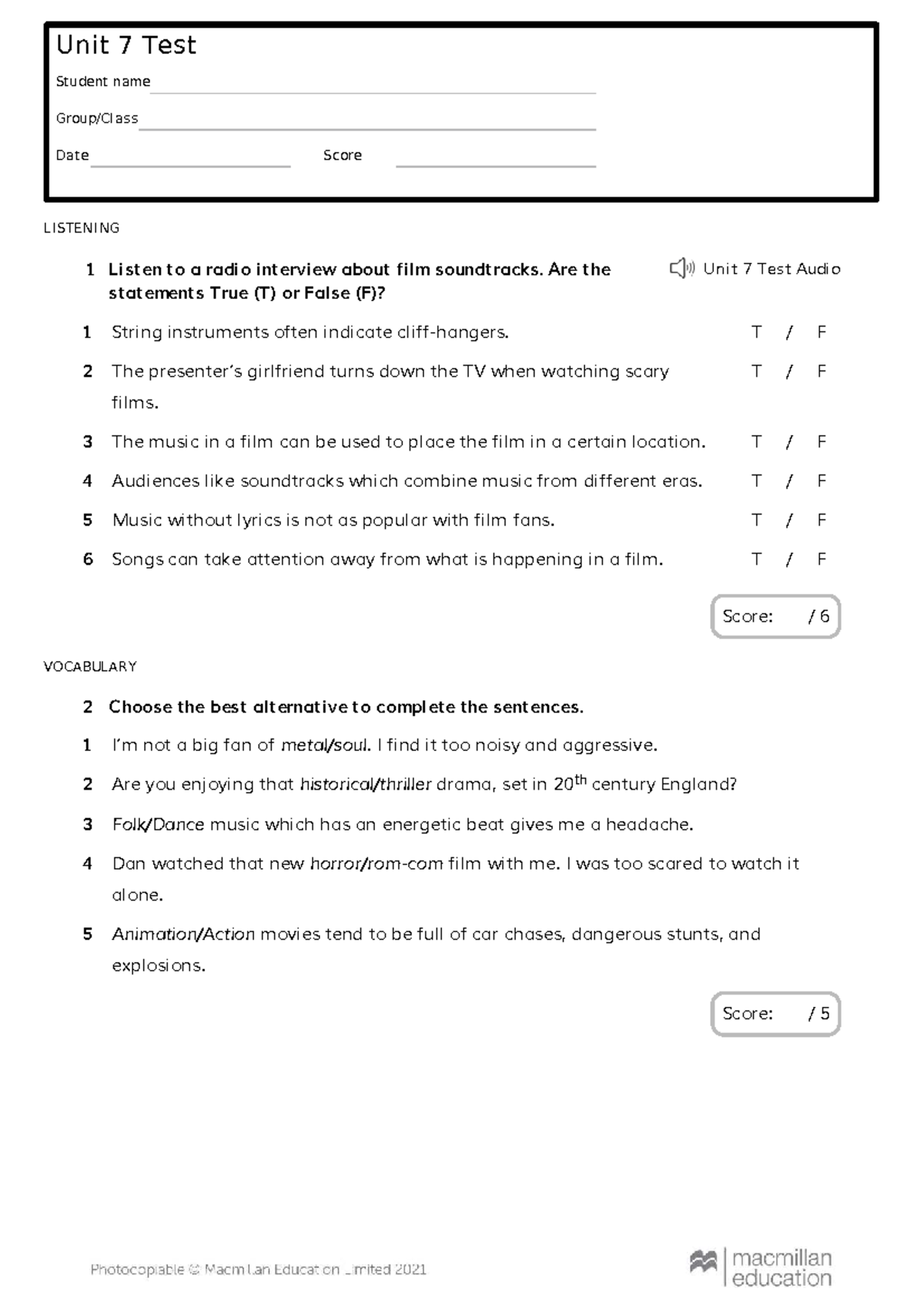 Unit 7 Listening & Vocabulary Test - Film Soundtracks Analysis - Studocu