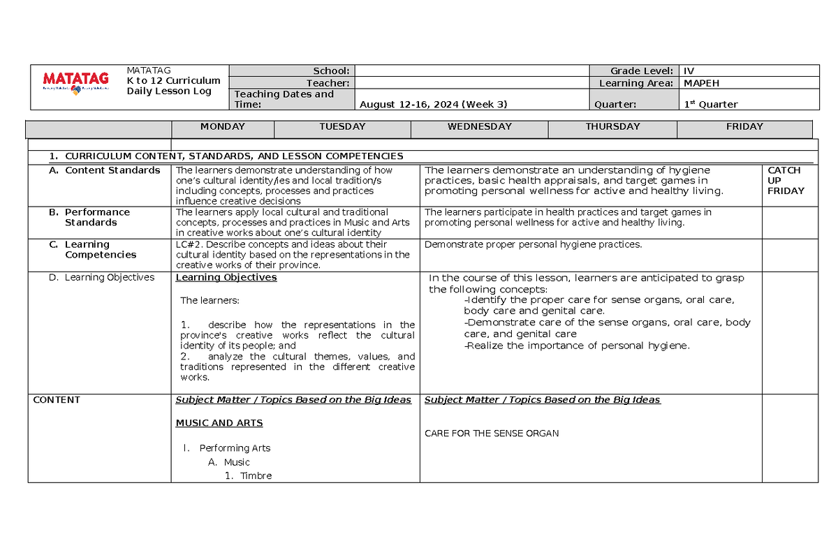 MATATAG K to 12 DLL Week 3: MAPEH Grade 4 Lesson Plan - Studocu