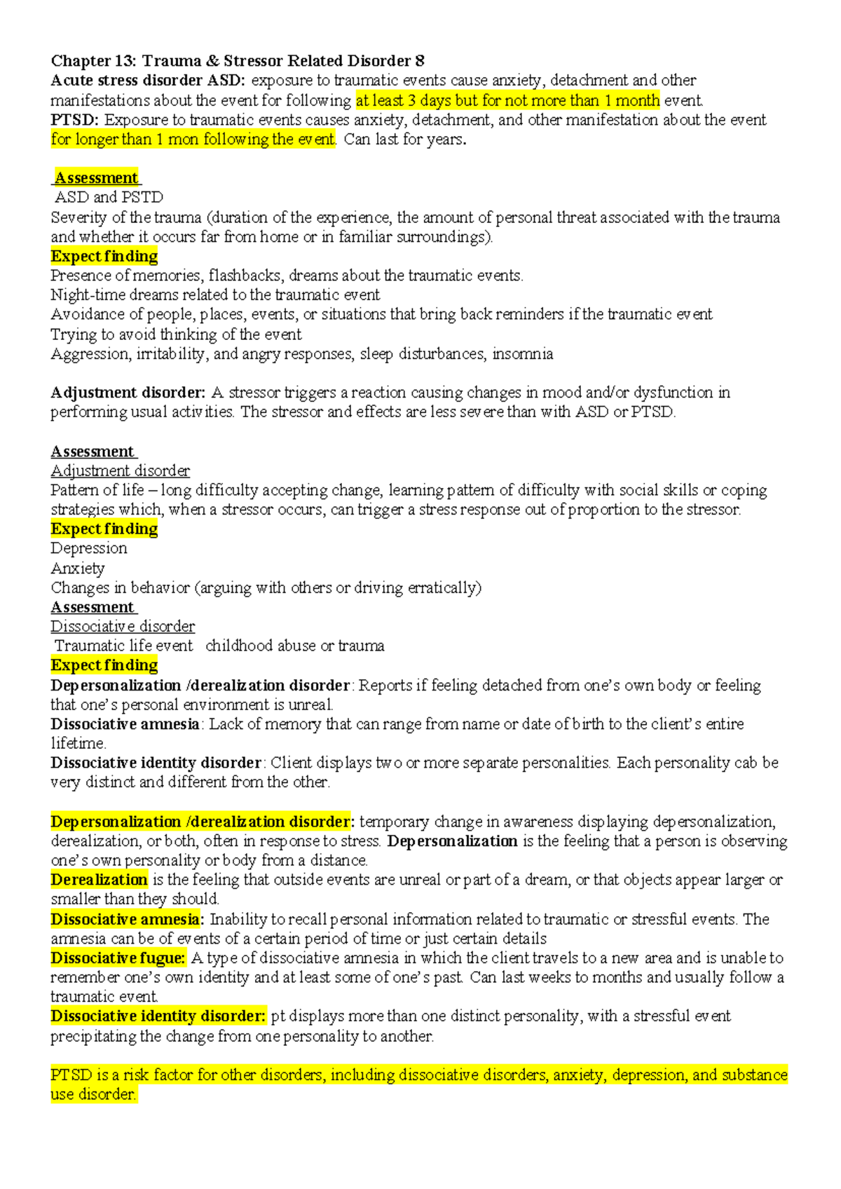 Mental health #3 - Notes - Chapter 13: Trauma & Stressor Related ...