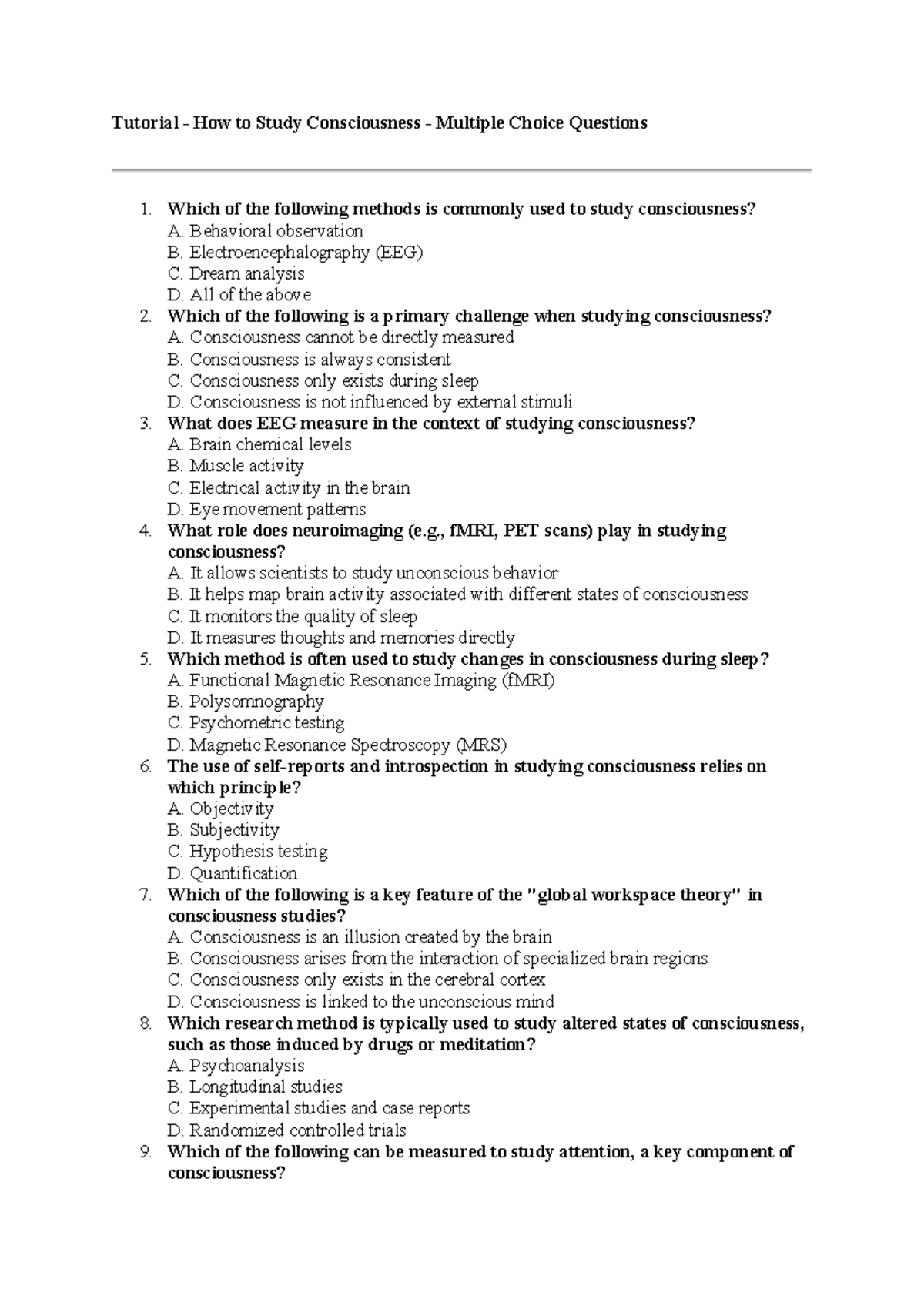 Tutorial: How to Study Consciousness - MCQ Guide - Studocu