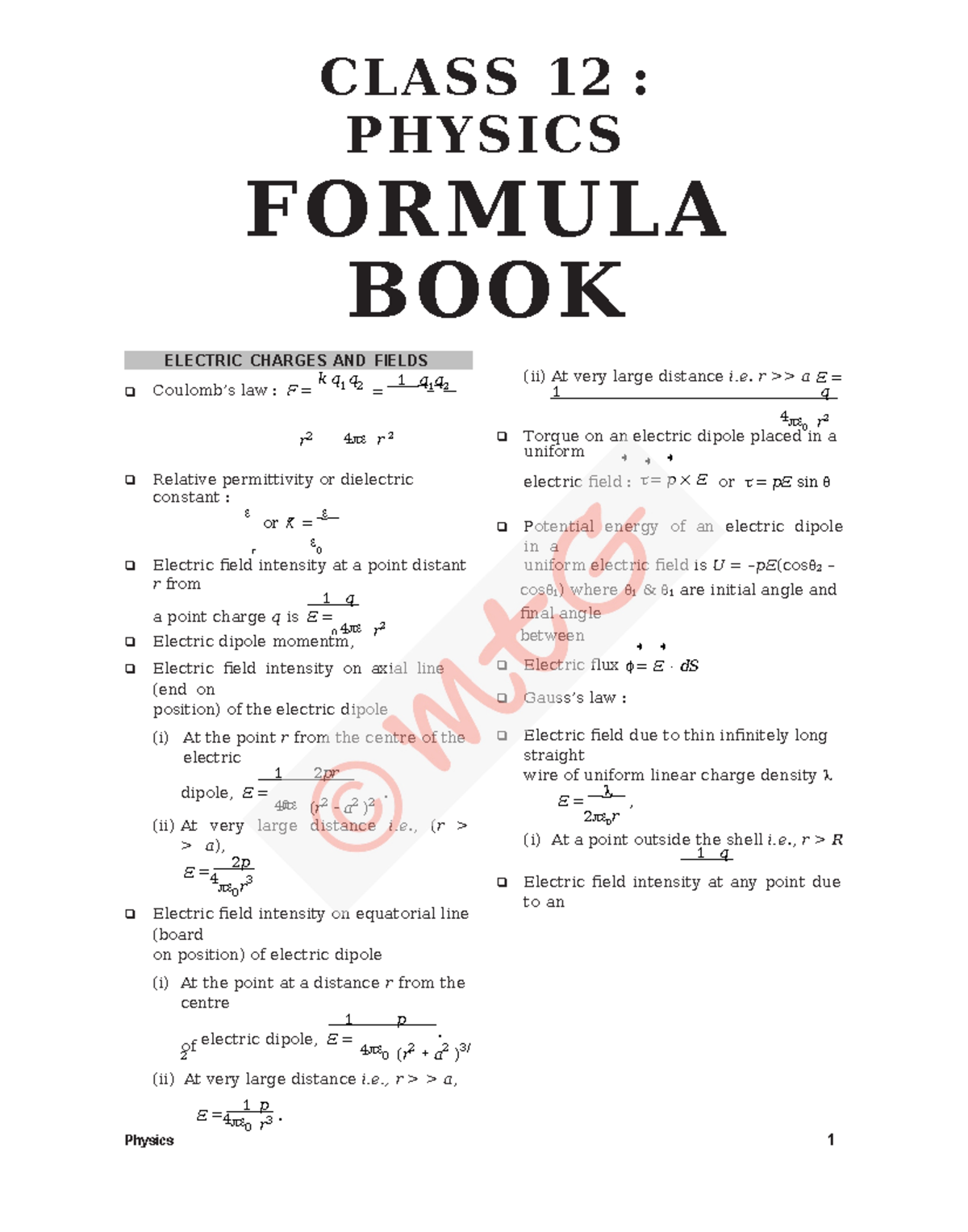 Class 12 FS Physics - FORMULA SHEETS - 0 0 CLASS 12 : PHYSICS FORMULA ...