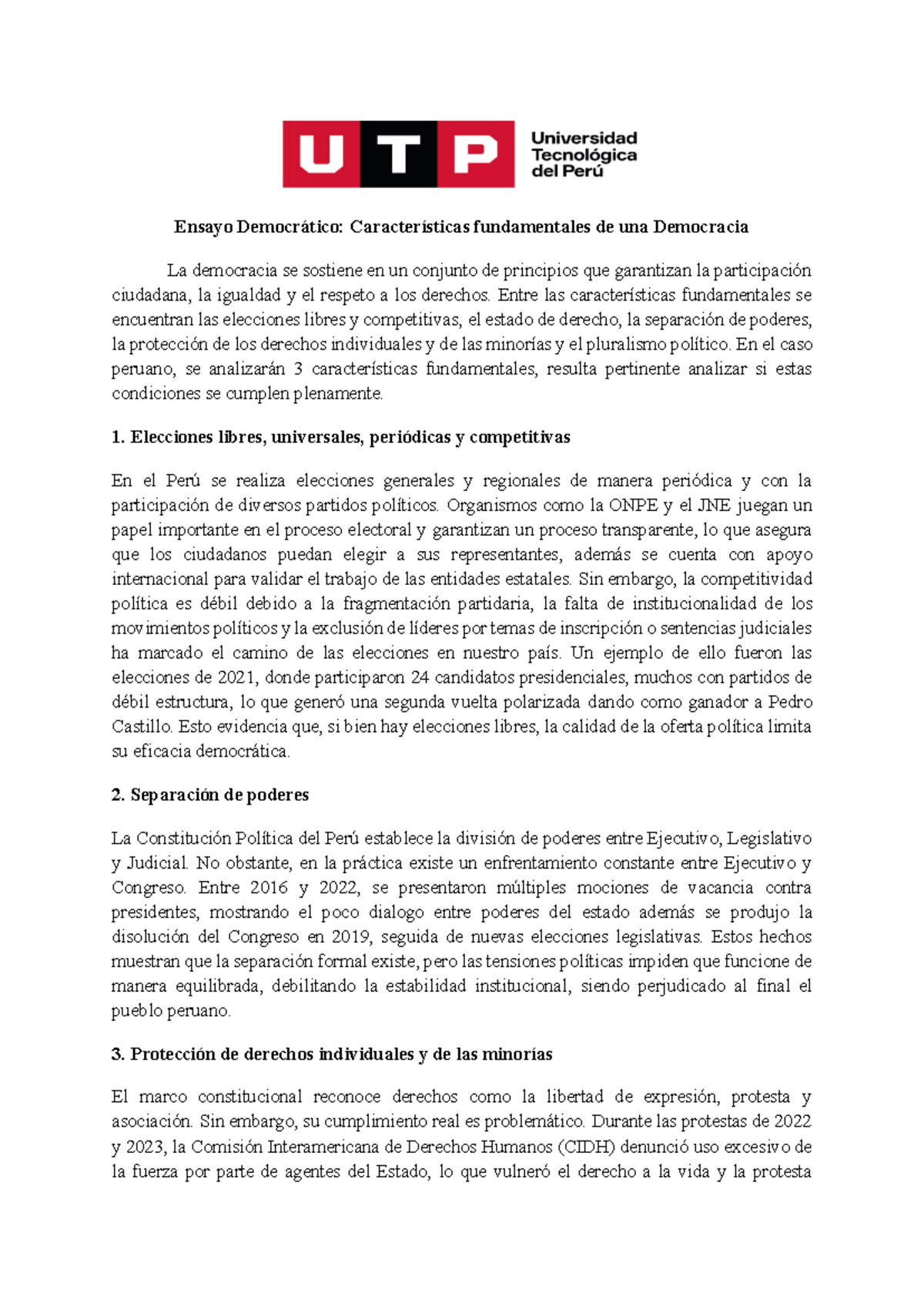 Ensayo Democrático: Análisis de la Democracia en Perú - Studocu