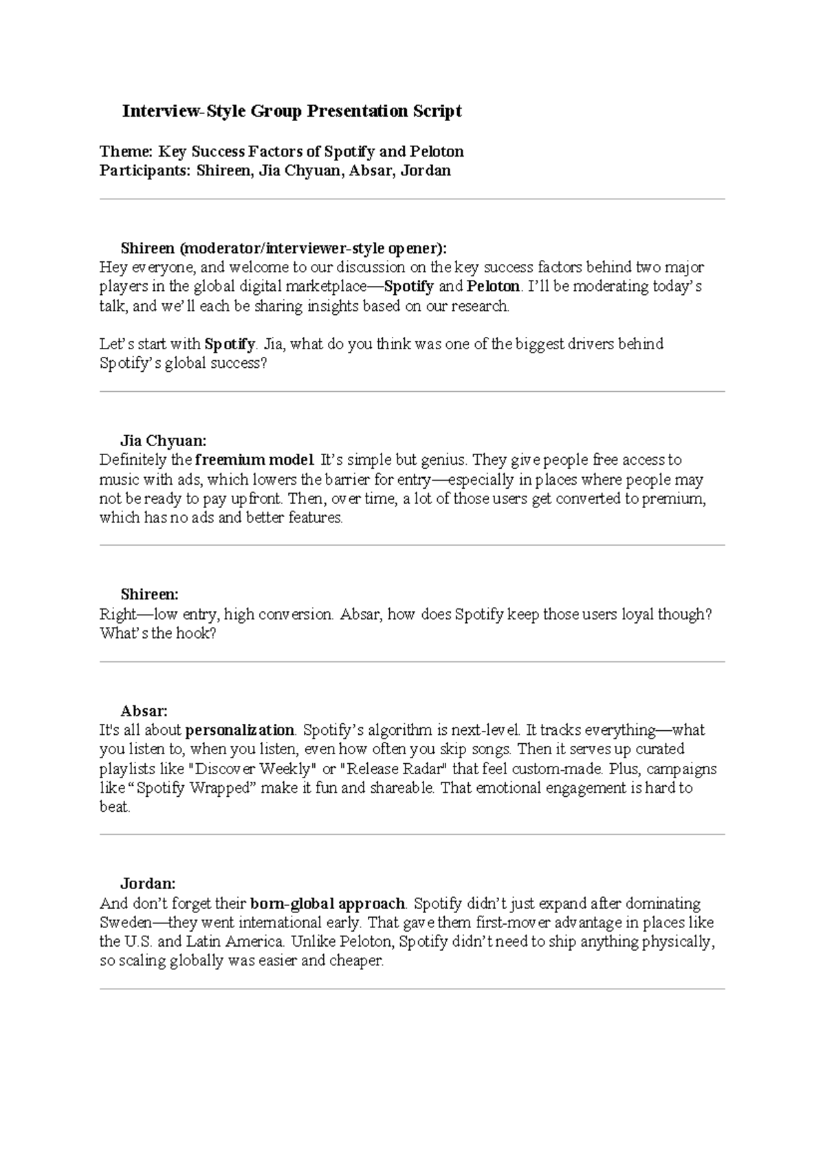 Group Presentation Script: Key Success Factors of Spotify & Peloton ...