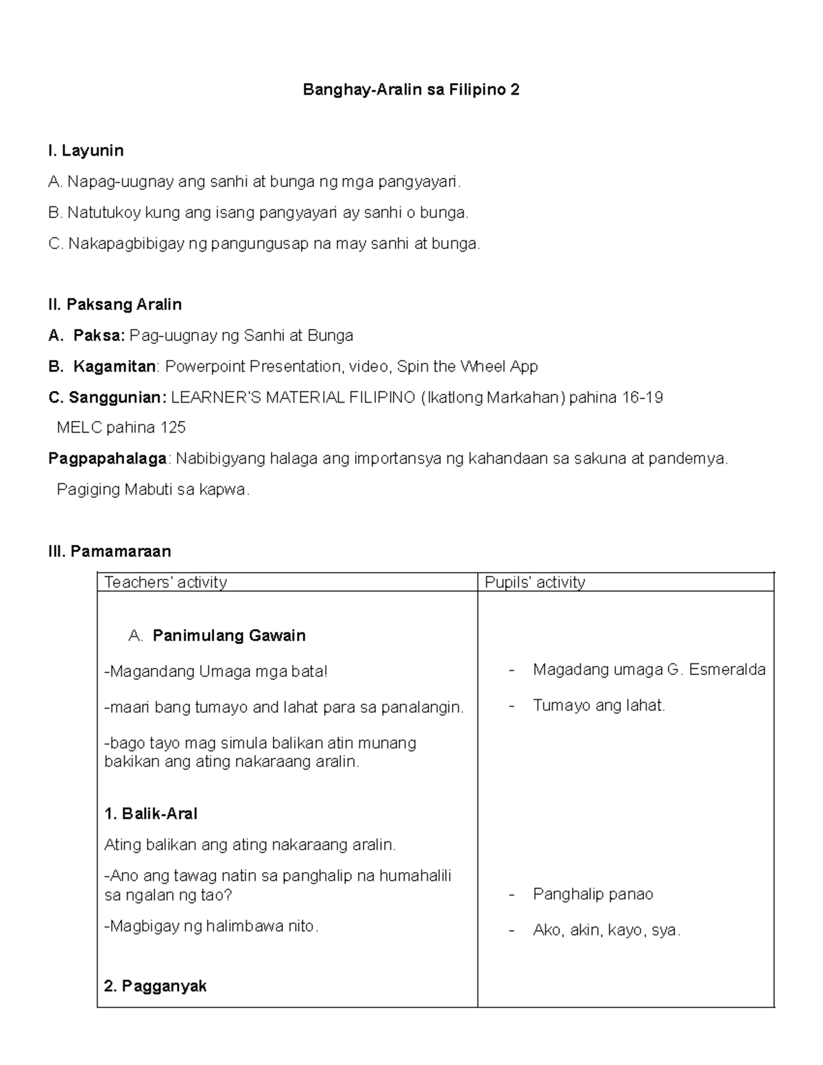 LP - best for research - Banghay-Aralin sa Filipino 2 I. Layunin A ...