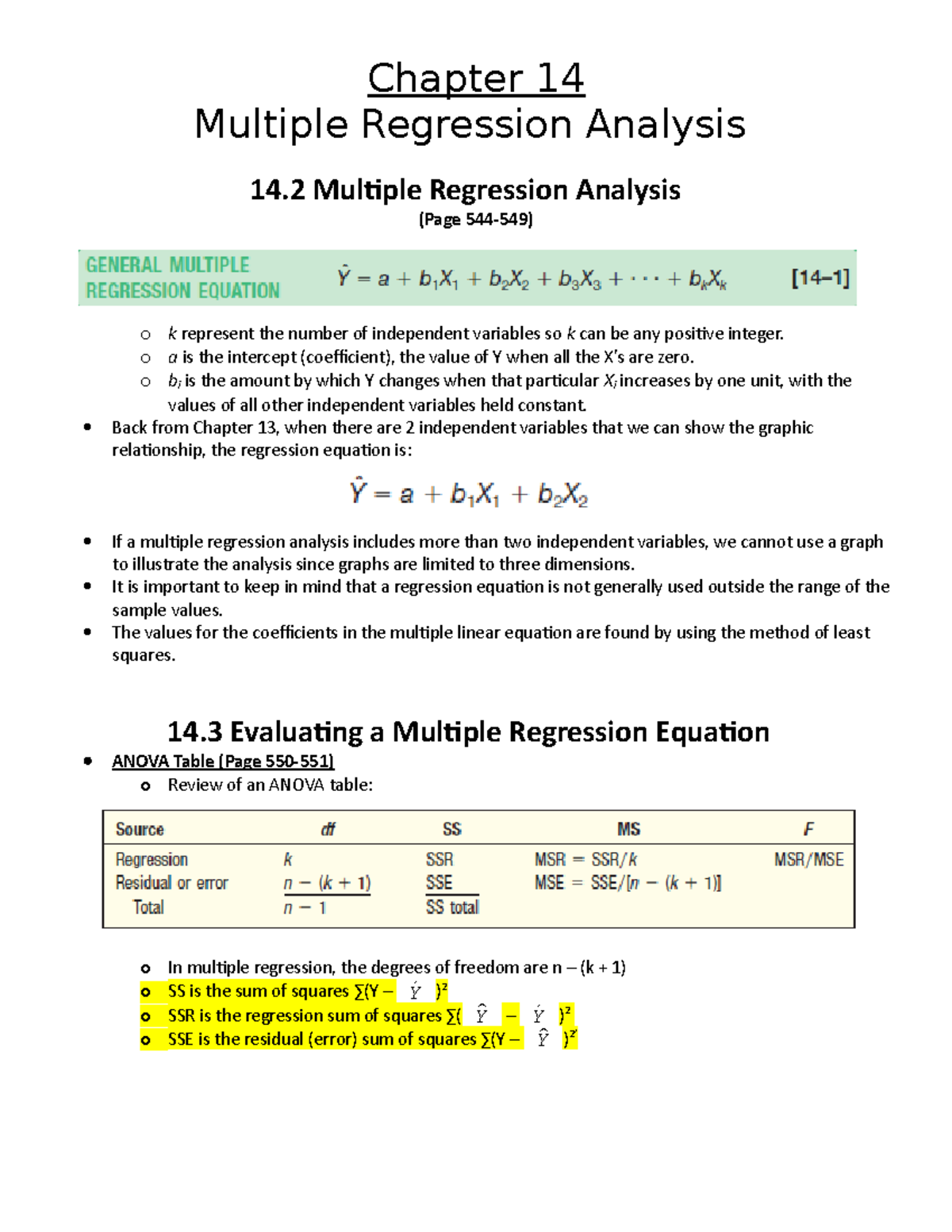 Chapter 14 Notes Multiple Regression Analysis - Chapter 14 Multiple ...