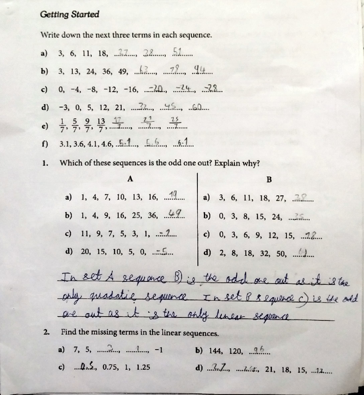 8th ig sequence chapter - ####### Getting Started Write down the next ...