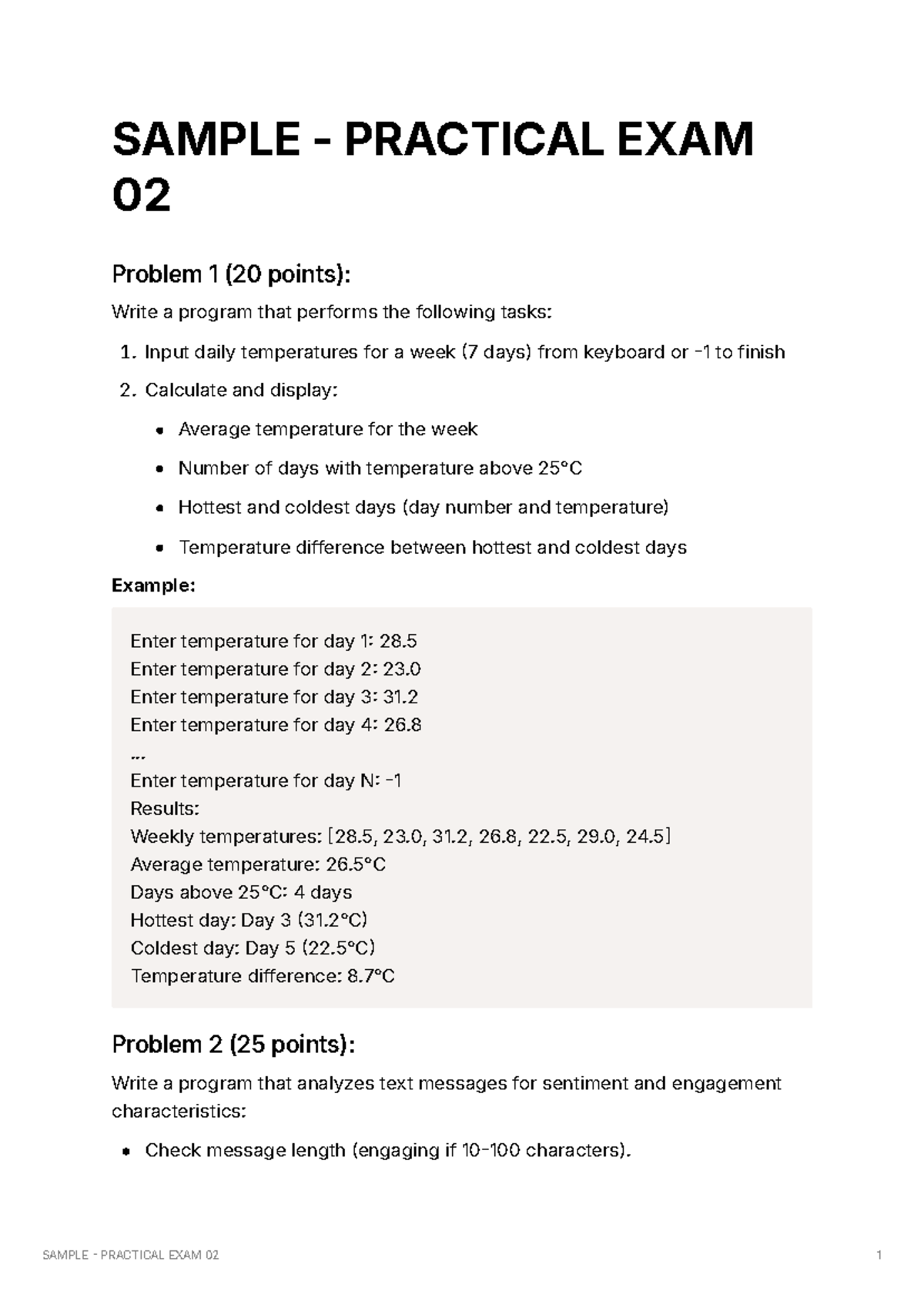 SAMPLE PRACTICAL EXAM 02: Programming Tasks & Solutions - Studocu