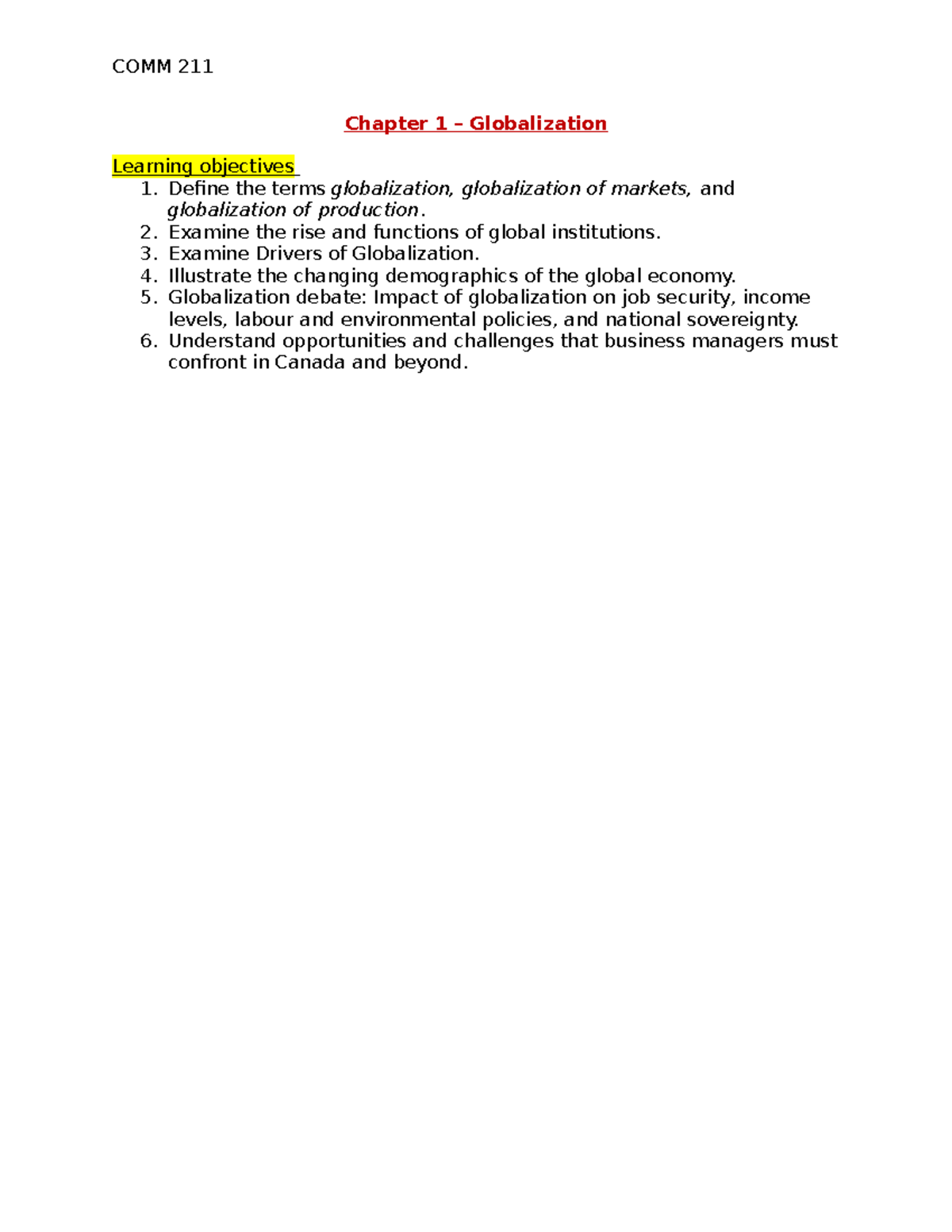 Chapter 1 - learning objectives - COMM 211 Chapter 1 – Globalization ...