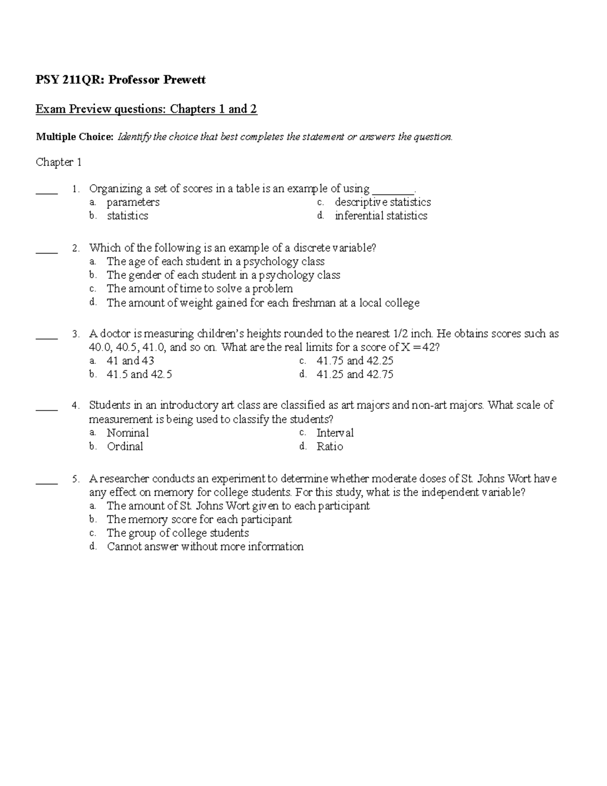 PSY 211QR: Exam Preview Questions for Ch. 1 & 2 - Studocu