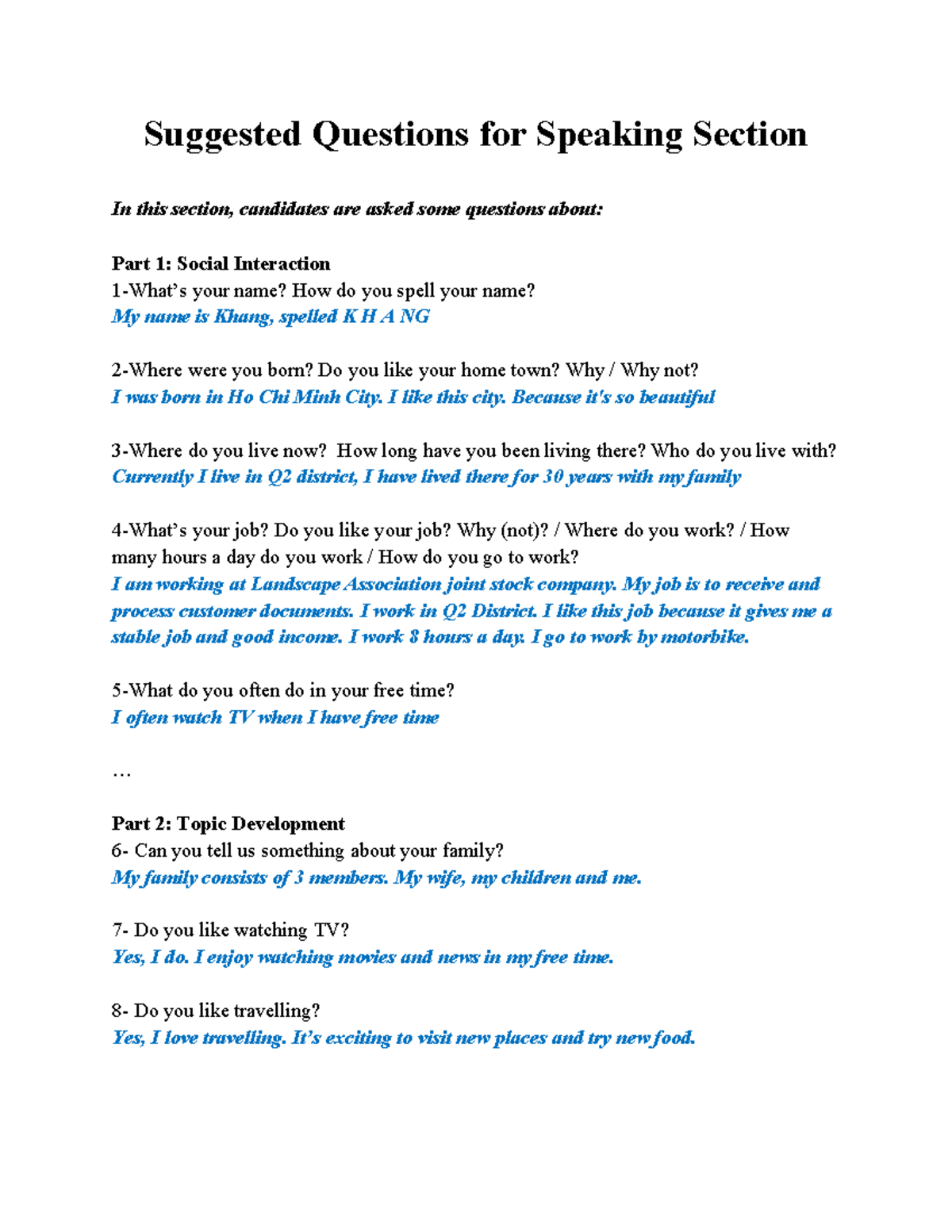 Suggested Questions for Speaking Section - Course Code: ENG101 - Studocu