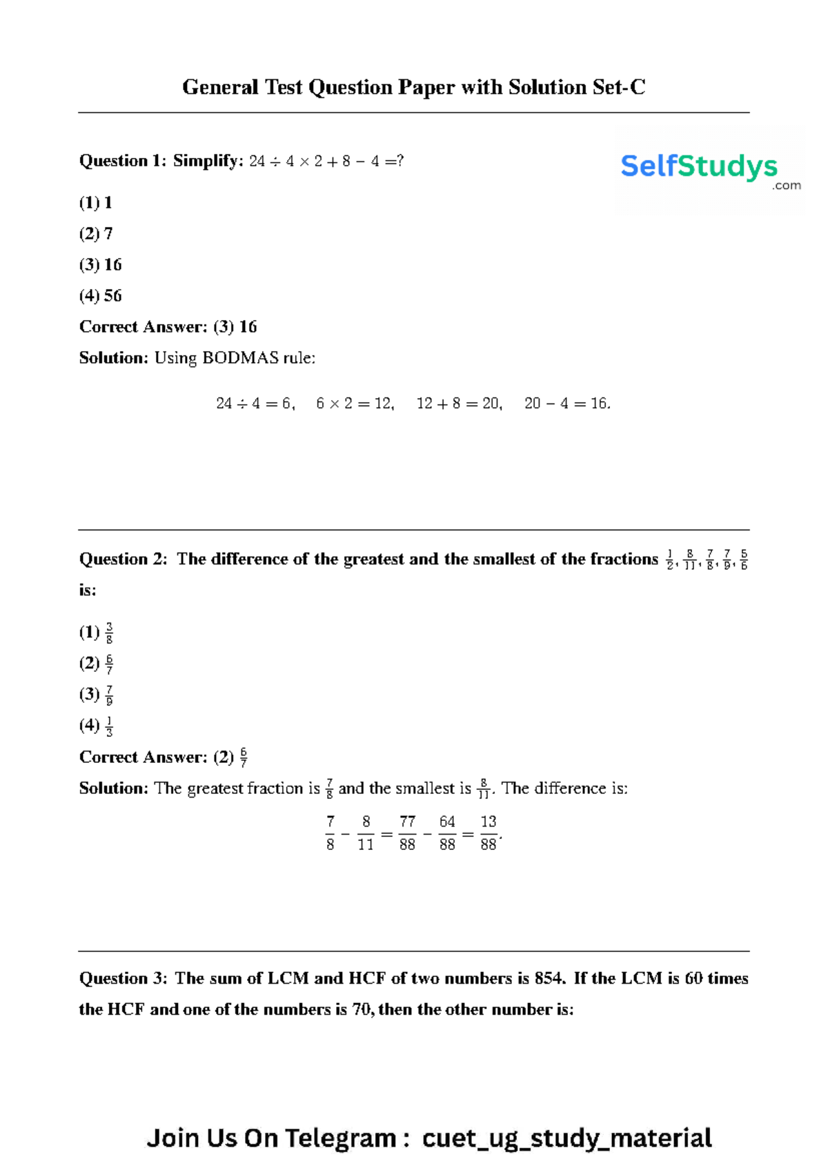 CUET 2024 GAT Paper Set C: Complete Question & Answer Solutions - Studocu