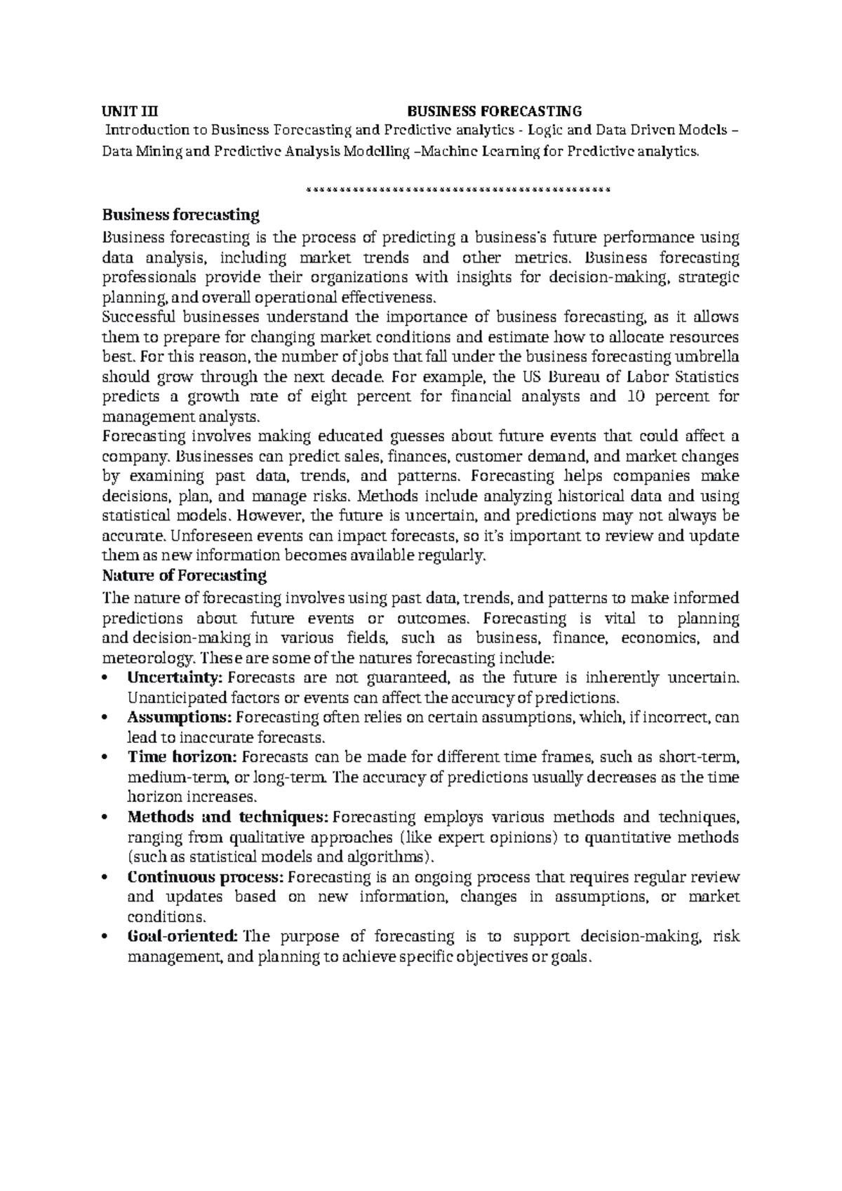 Unit-III - Complete Notes - UNIT III BUSINESS FORECASTING Introduction ...