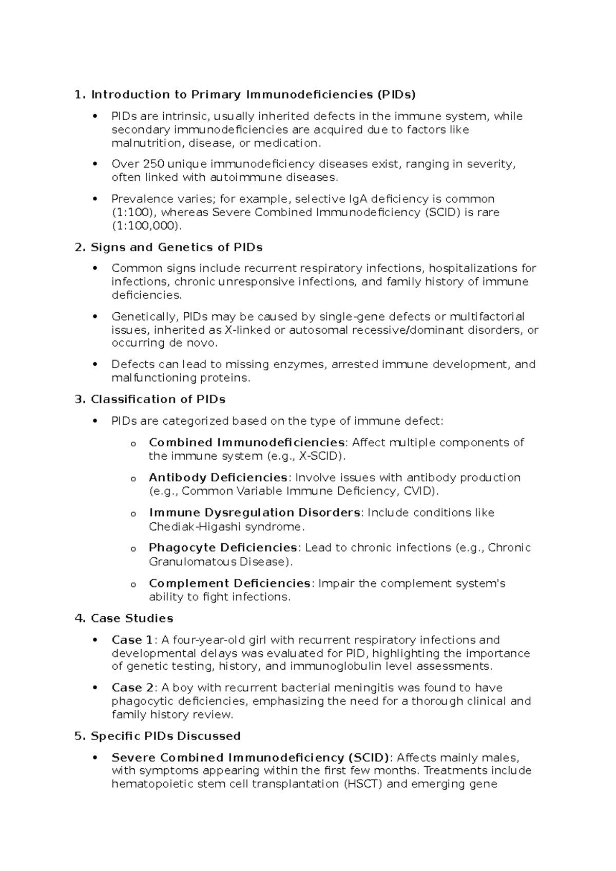 PID - Overview of Primary Immunodeficiencies and Case Studies - Studocu