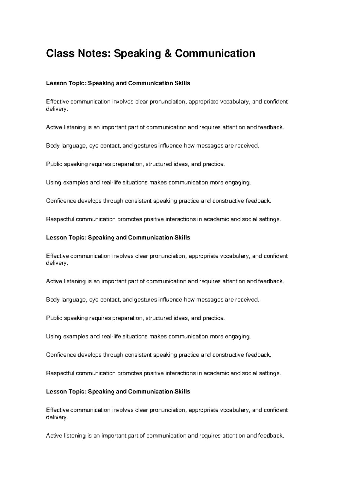 Class Notes: Speaking Comm Skills - Effective Communication Techniques ...
