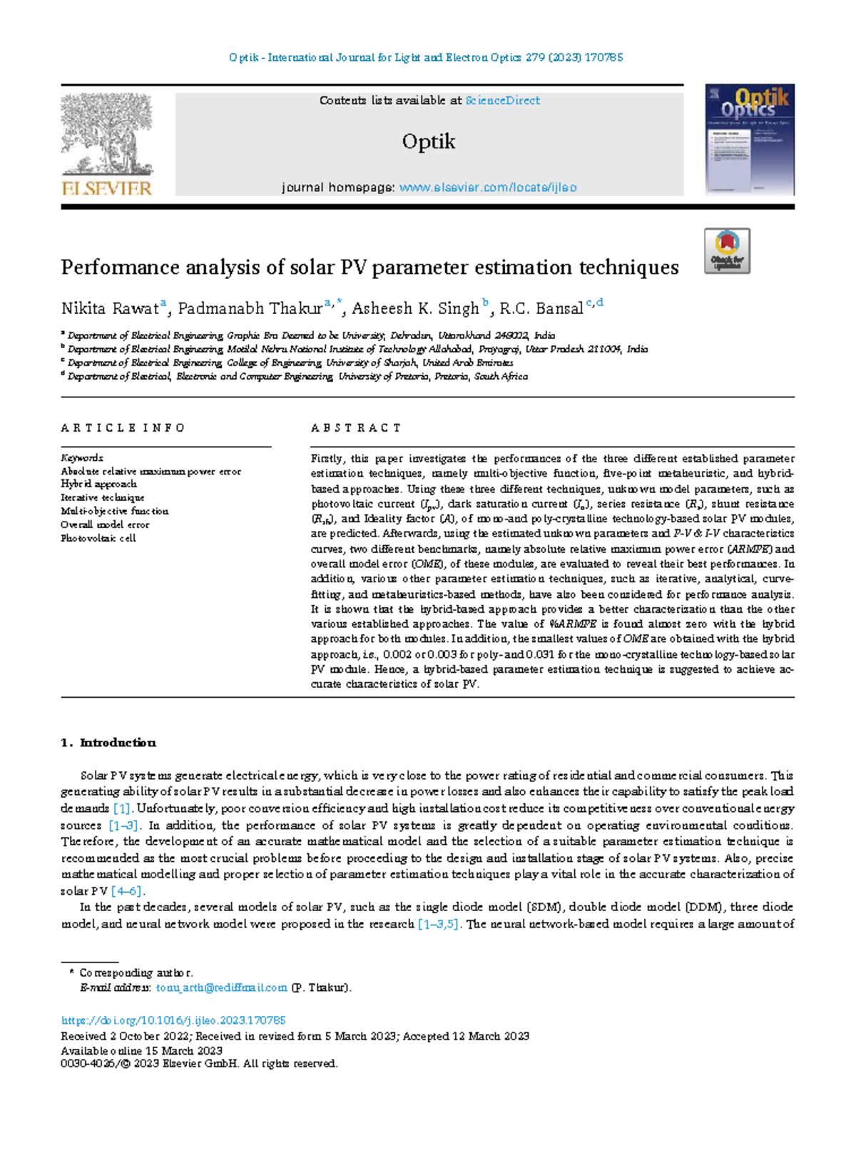 Performance Analysis of Solar PV Parameter Estimation Techniques (2023 ...