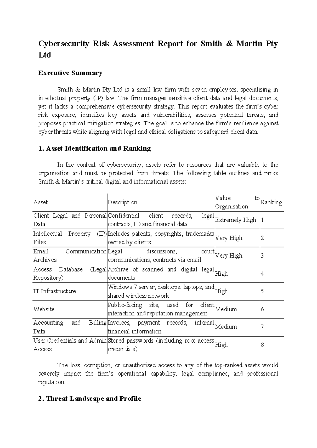 Cybersecurity Risk Assessment Report: Smith Martin Pty Ltd - Studocu