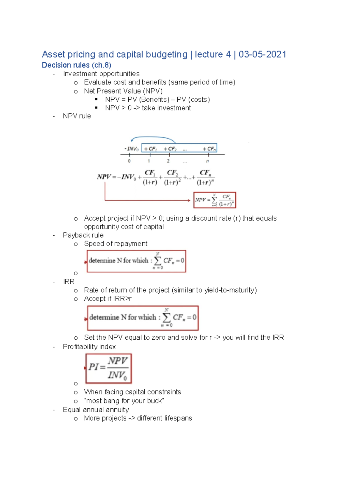 AP&CB - Lecture 4 - Asset Pricing & Capital Budgeting Notes - Studeersnel