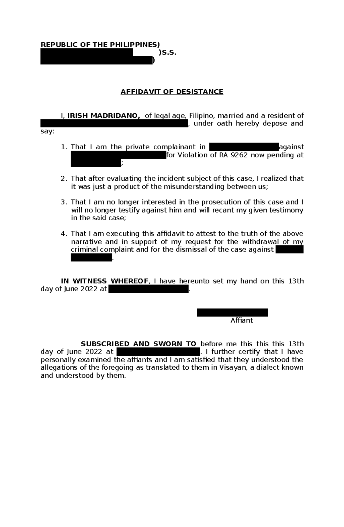 Affidavit of Desistance & Loss - Legal Documentation in Camiguin - Studocu