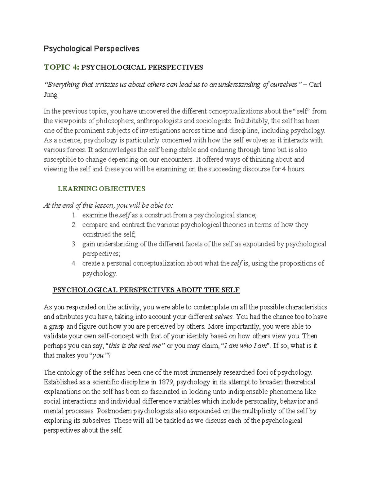 Psychological Perspectives (PSY 101): Understanding the Self - Studocu