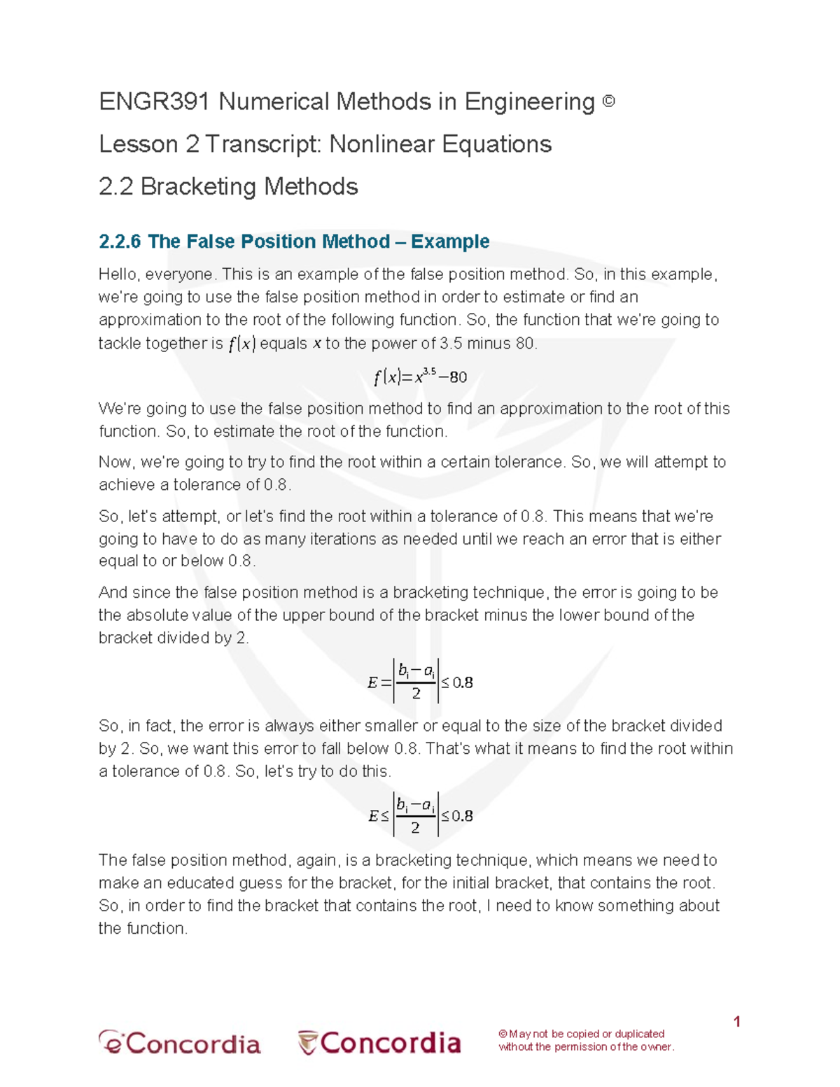 ENGR391 Numerical Methods in Engineering L2.2.6 False Position Method ...