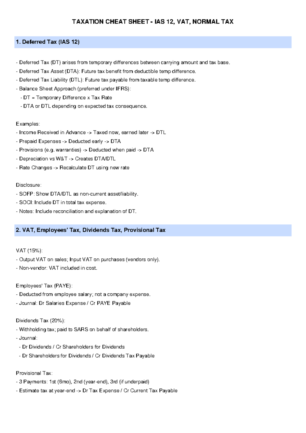 Taxation Cheat Sheet: IAS 12, VAT, and Normal Tax Summary FA 2A - Studocu