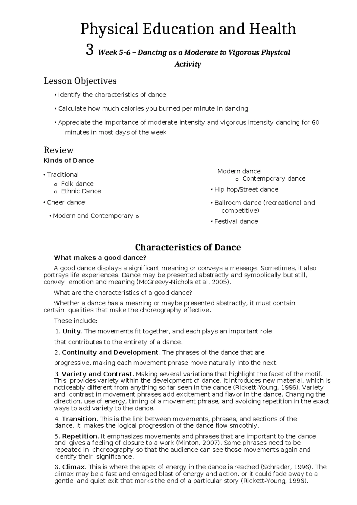 Physical Education and Health 3 - Week 4: Dance for Fitness Goals - Studocu