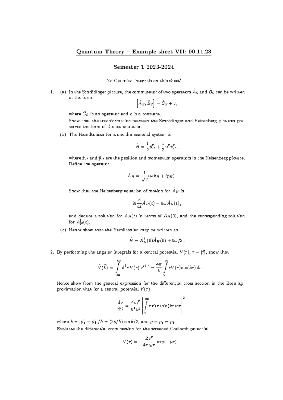 Quantum Theory - Example Sheet VII: Tutorial Questions for S1 2023 ...